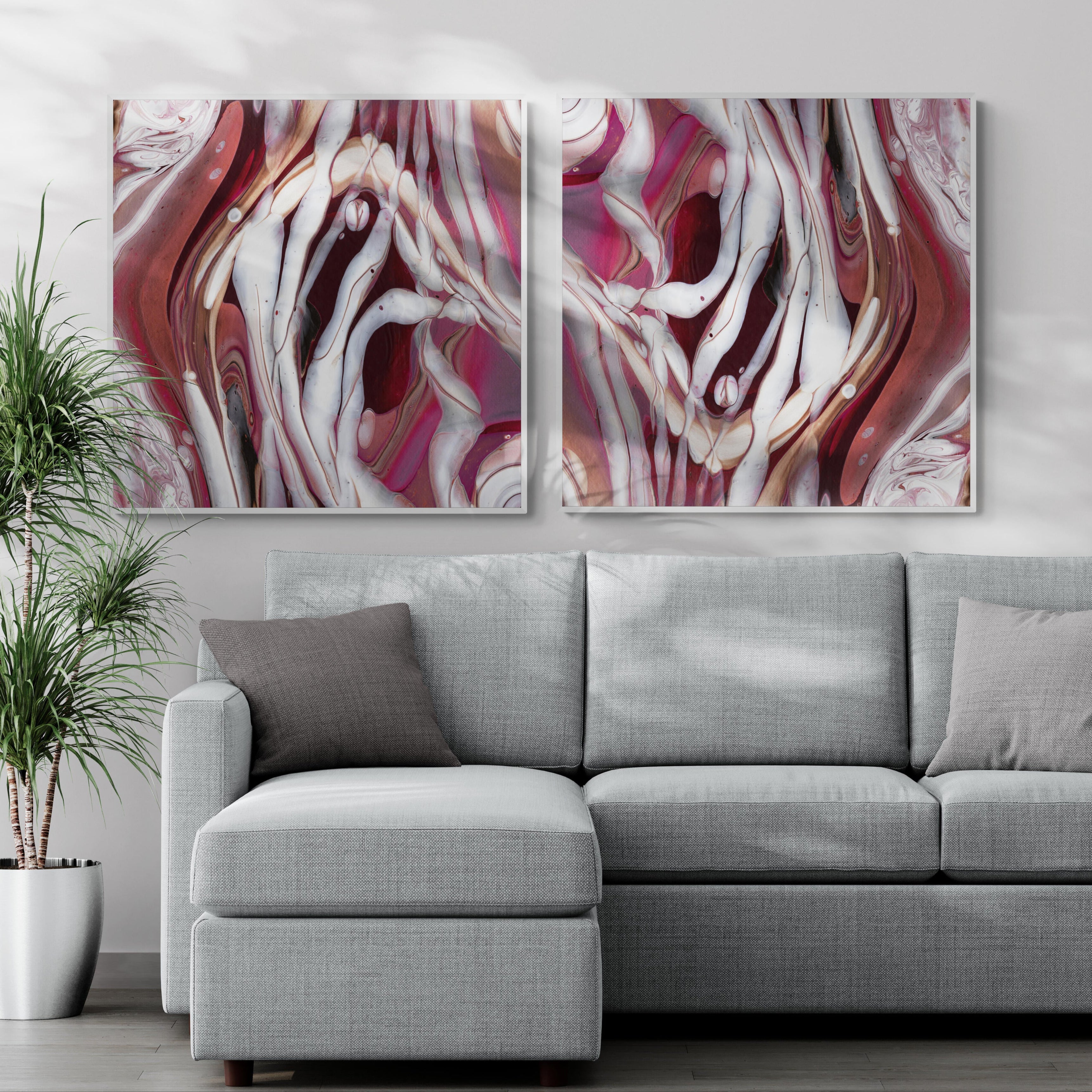 NL modern art-canvas-print-ardent-love-8-and-9-on-wall-in-living-room-with-sofa-and-tropical-plant-white-frame