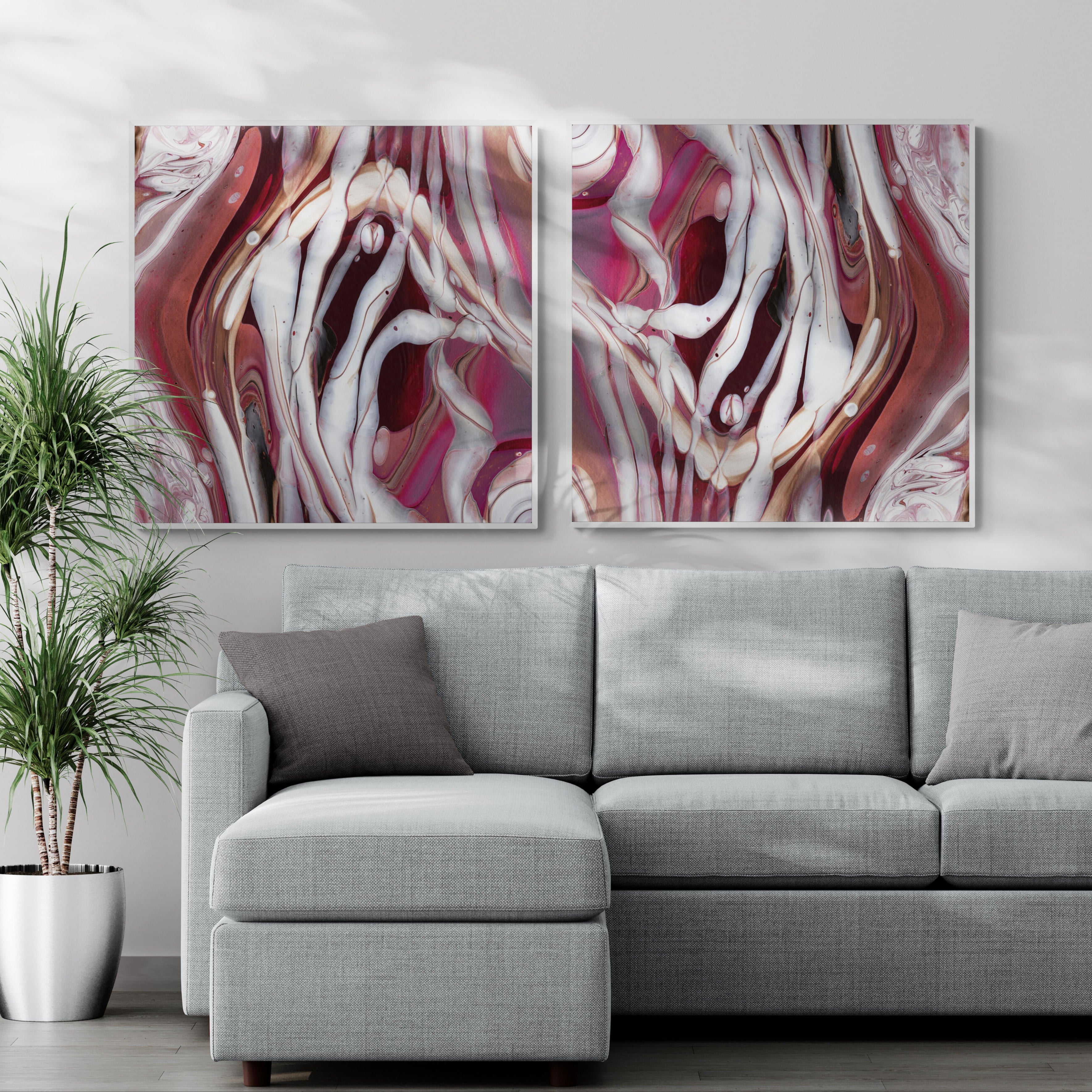 NL modern art-canvas-print-ardent-love-8-and-9-on-wall-in-living-room-with-sofa-and-tropical-plant-white-frame