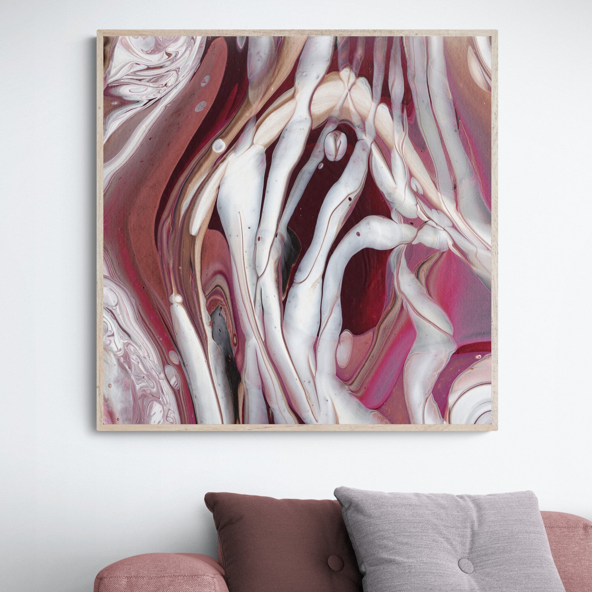 NL modern art-canvas-print-ardent-love-8 in oak frame on wall-over-cosy-sofa-in-living-room