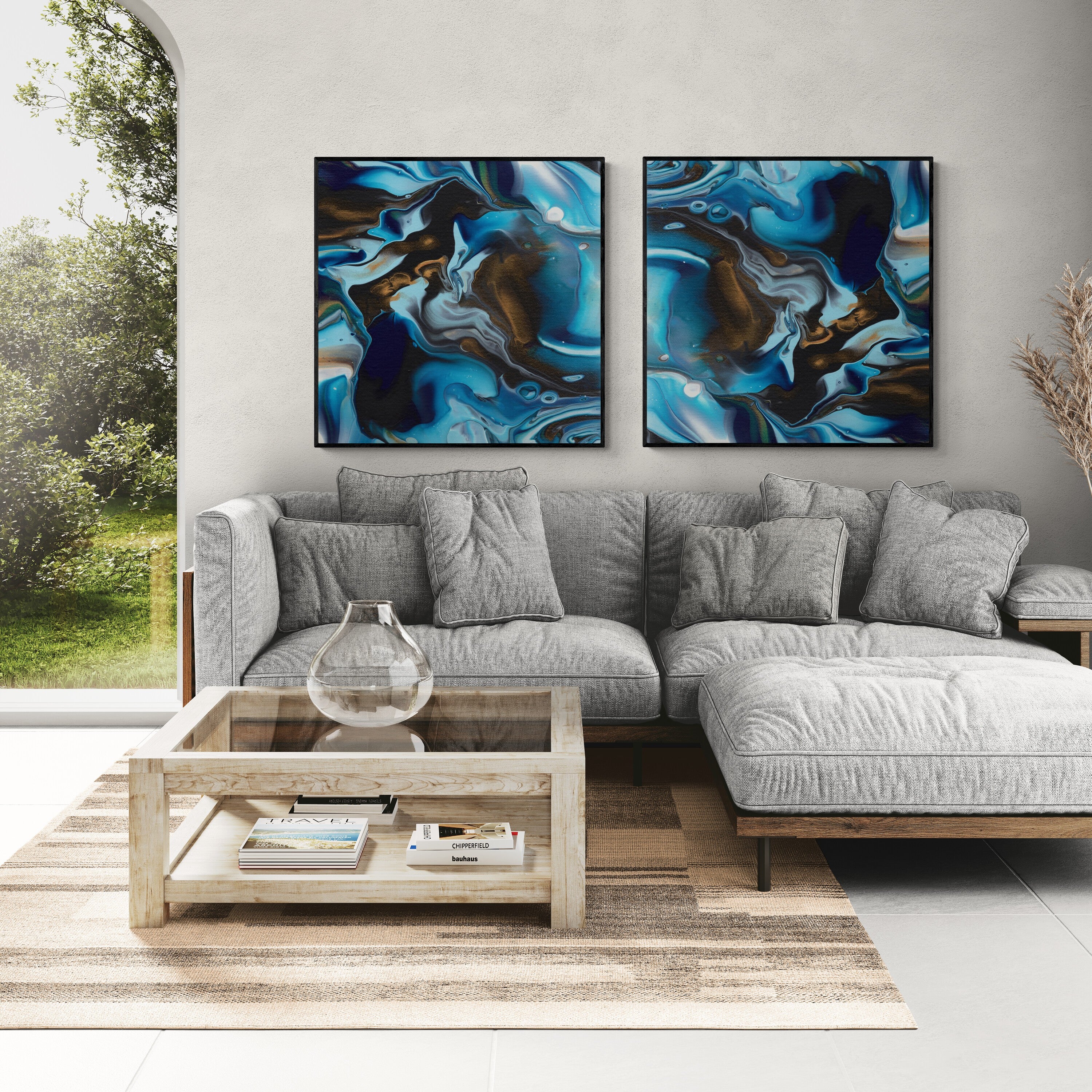NL modern art-canvas-print-deep-passion-4-and-5-on-wall-in-living-room-with-comfy-sofa-and-window-views-black-frame