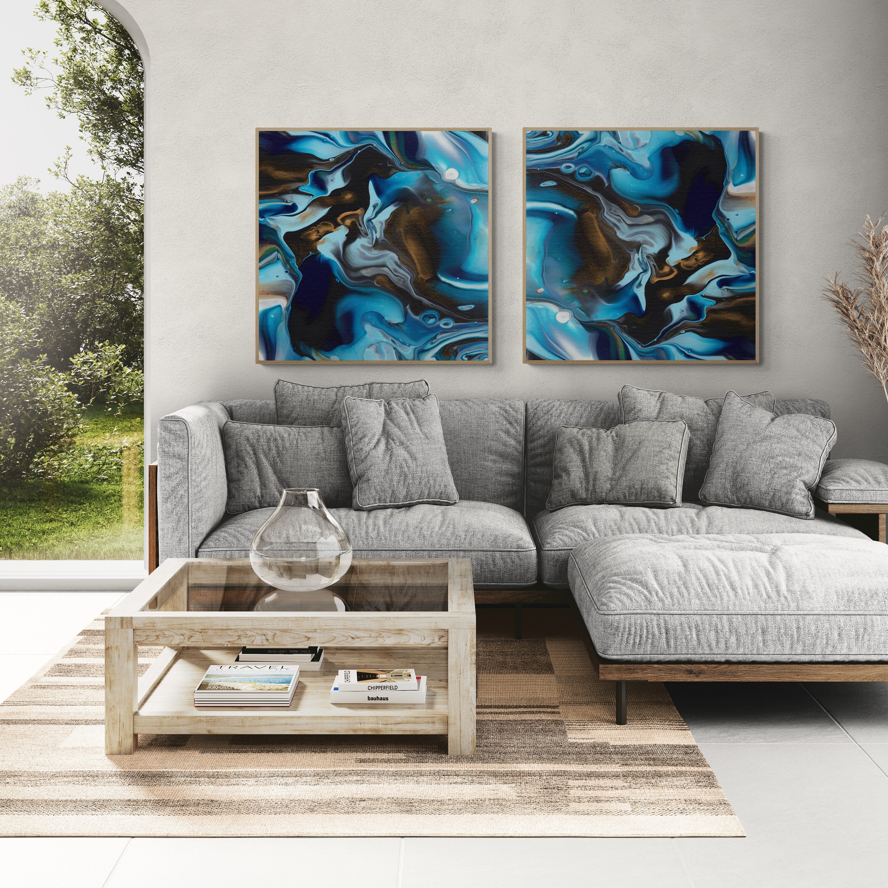 NL modern art-canvas-print-deep-passion-4-and-5-on-wall-in-living-room-with-comfy-sofa-and-window-views-oak-frame