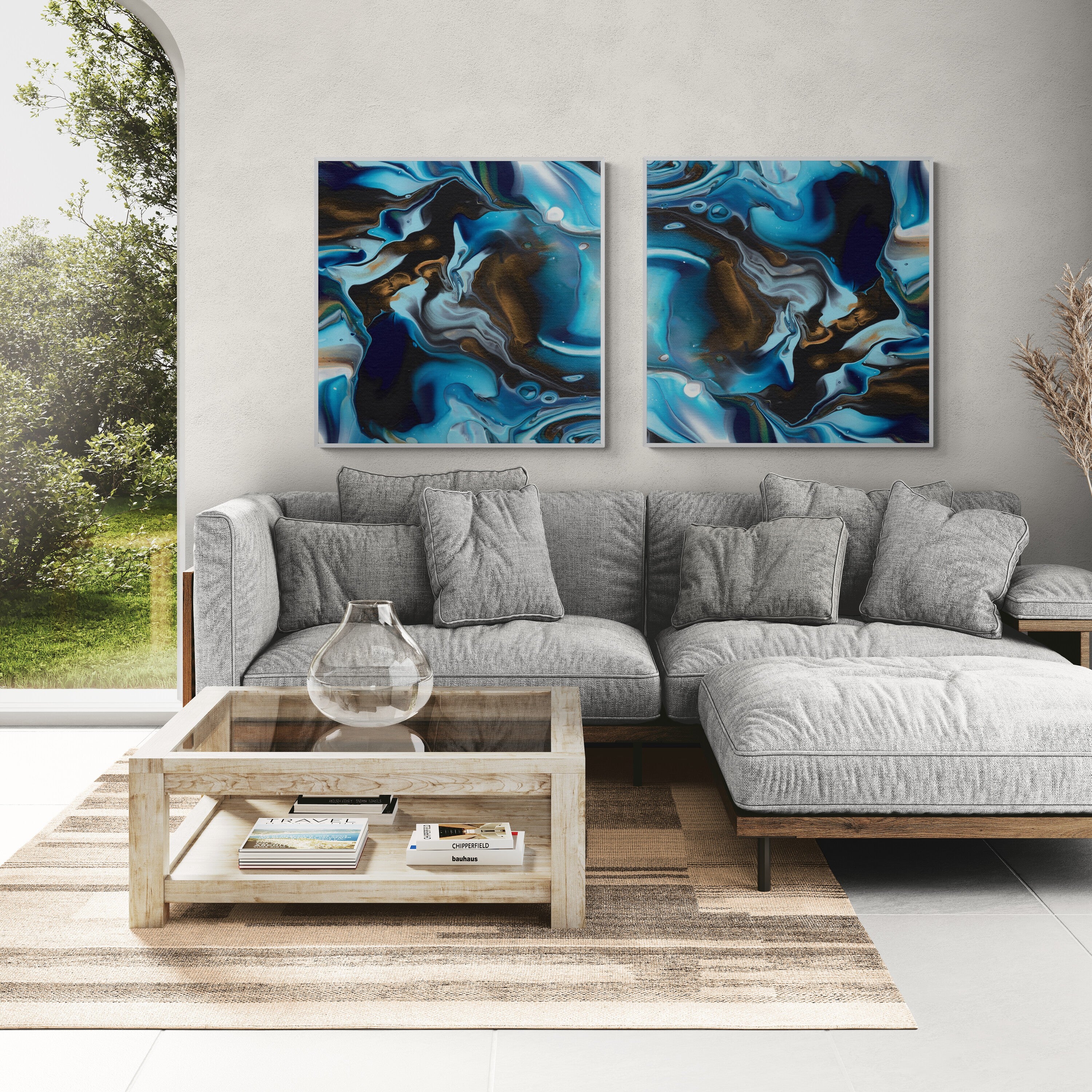 NL modern art-canvas-print-deep-passion-4-and-5-on-wall-in-living-room-with-comfy-sofa-and-window-views-white-frame