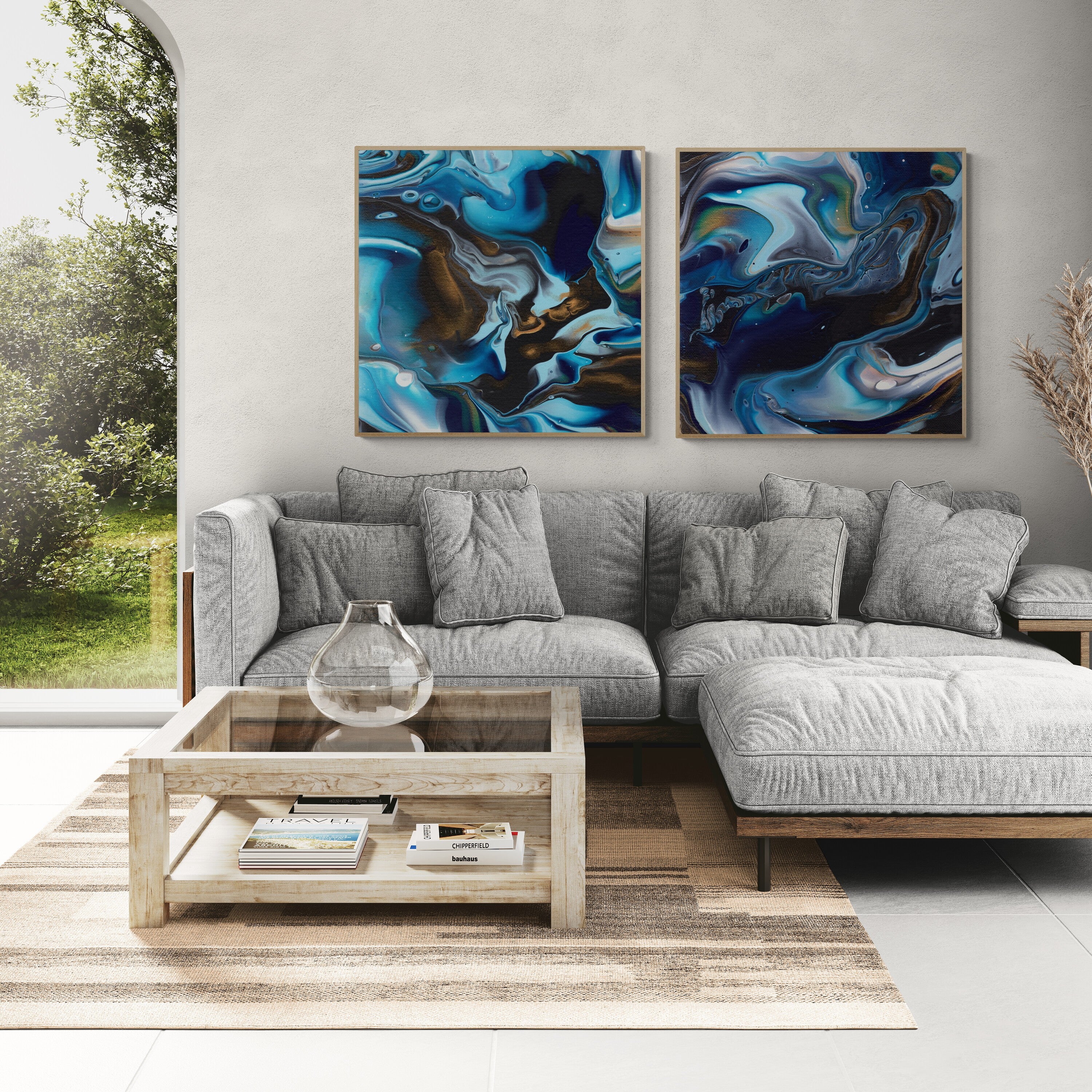 NL modern art-canvas-print-deep-passion-5-and-3-on-wall-in-living-room-with-comfy-sofa-and-window-views-oak-frame