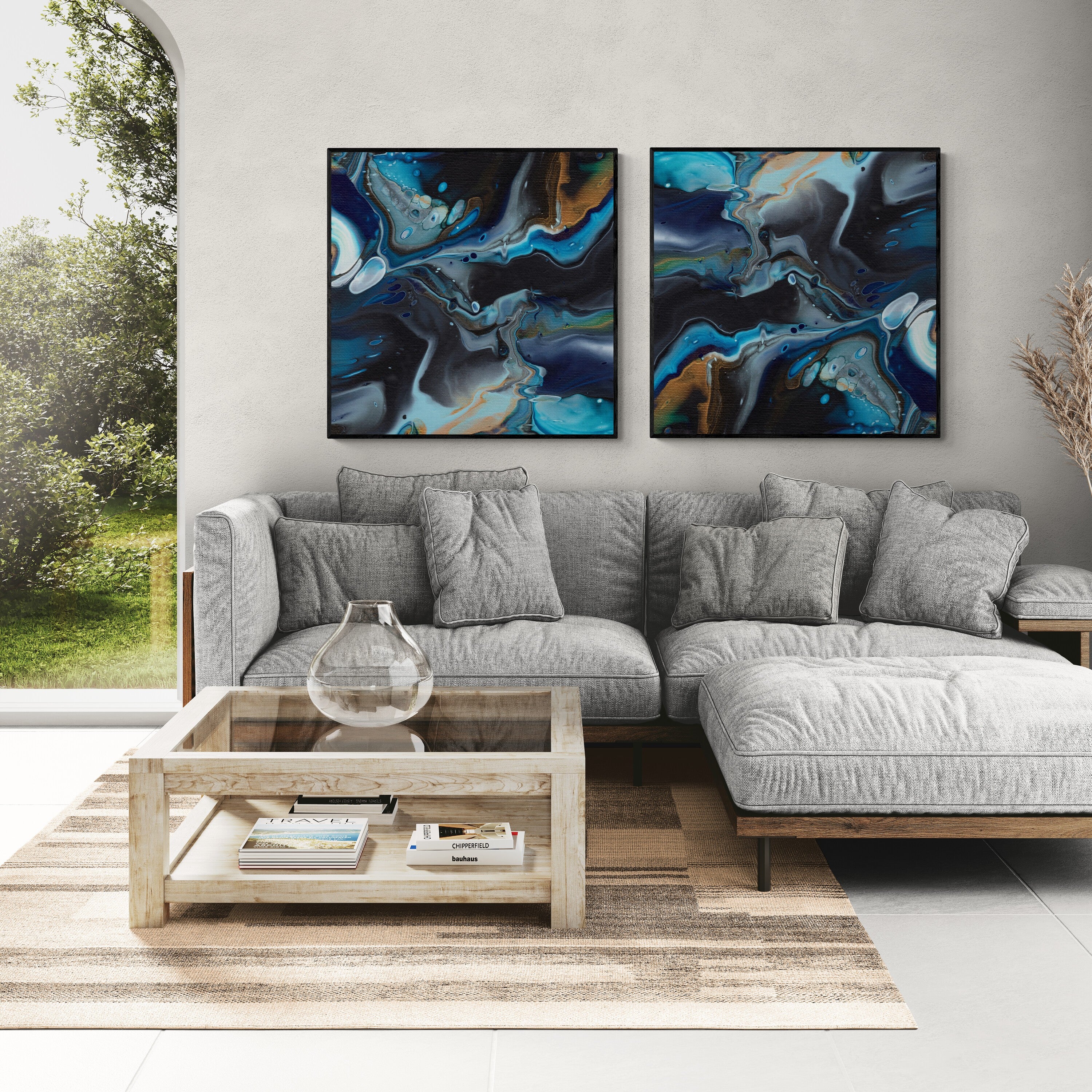 NL modern art-canvas-print-deep-passion-6-and-7-on-wall-in-living-room-with-comfy-sofa-and-window-views-black-frame