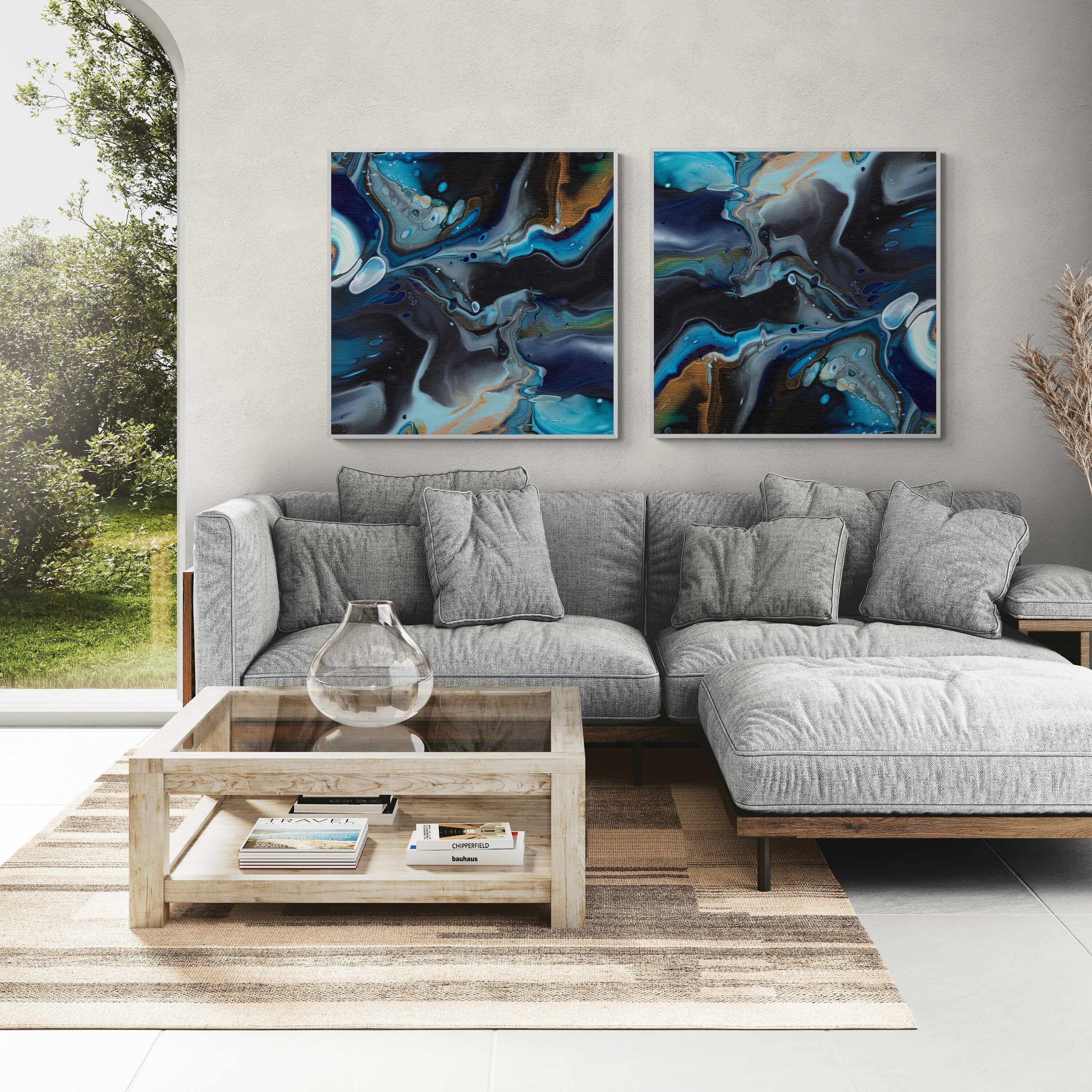 NL modern art-canvas-print-deep-passion-6-and-7-on-wall-in-living-room-with-comfy-sofa-and-window-views-white-frame