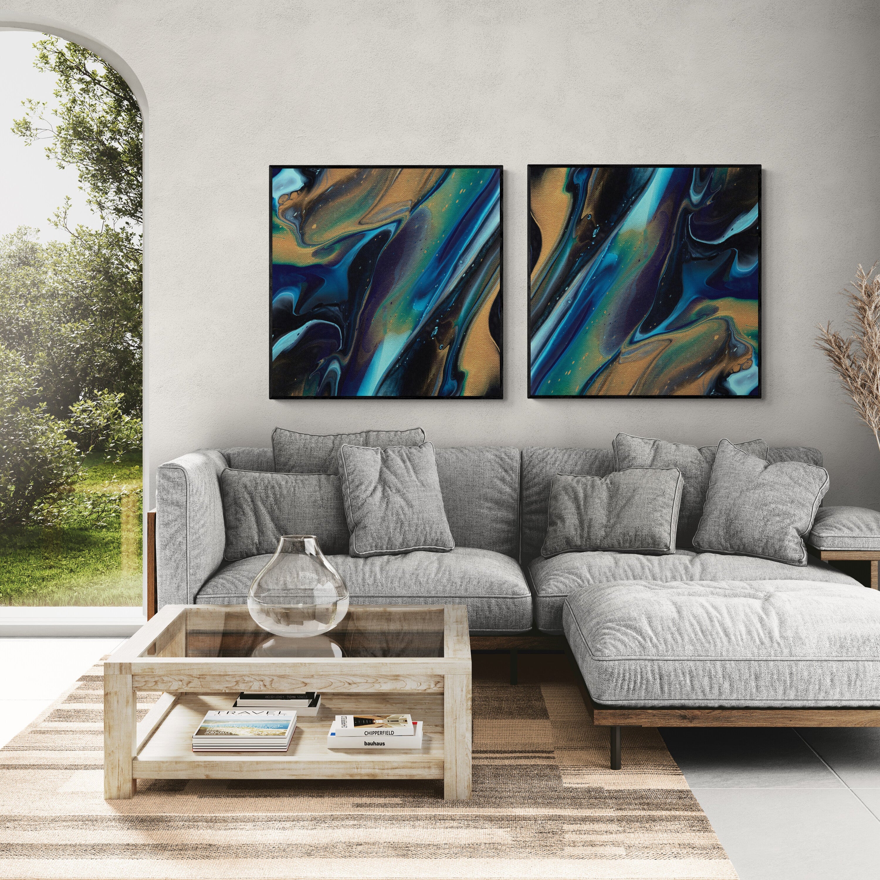 NL modern art-canvas-print-deep-passion-8-and-9 in black frame on-wall-in-living-room-with-comfy-sofa-and-window-views