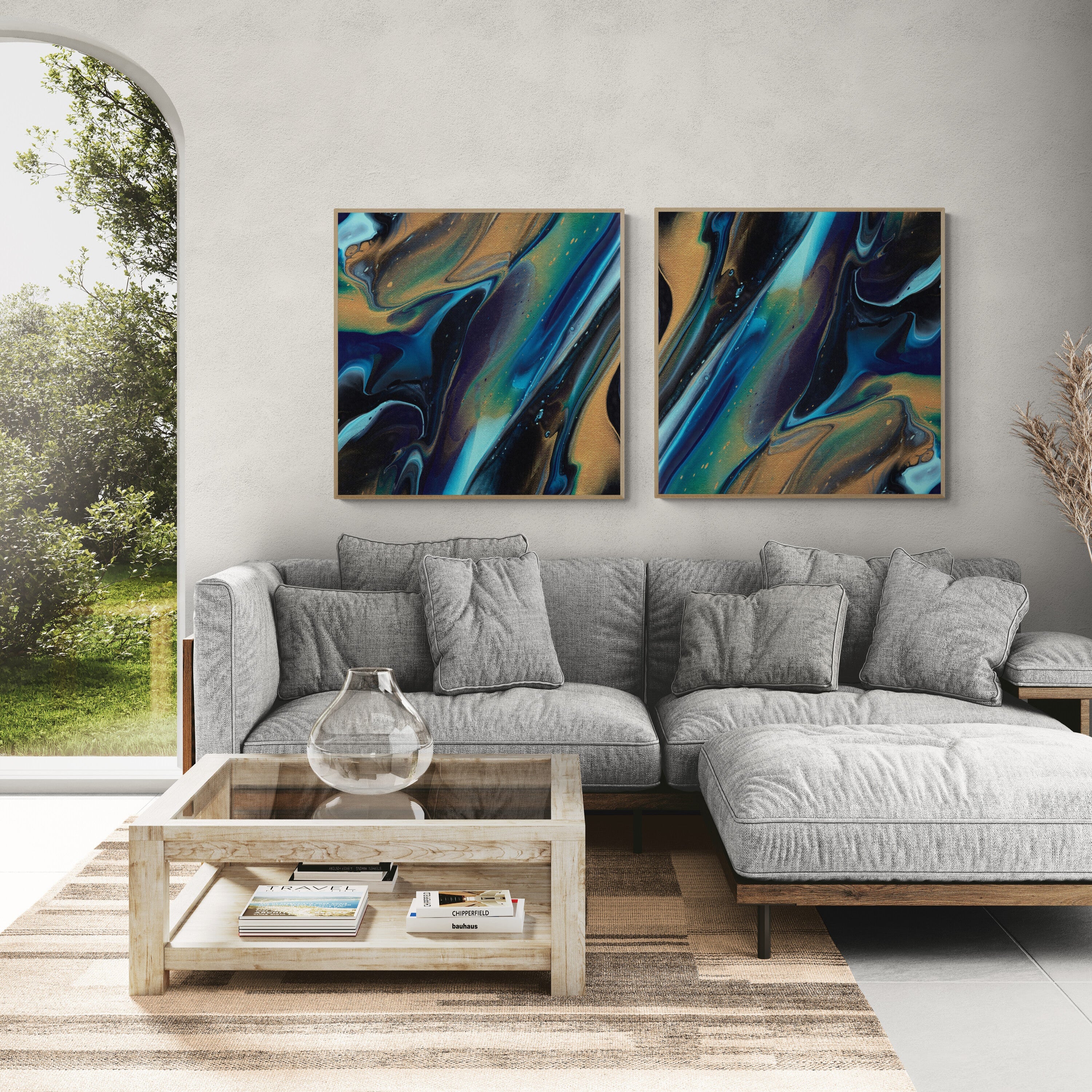 NL modern art-canvas-print-deep-passion-8-and-9 in oak-frame on-wall-in-living-room-with-comfy-sofa-and-window-views