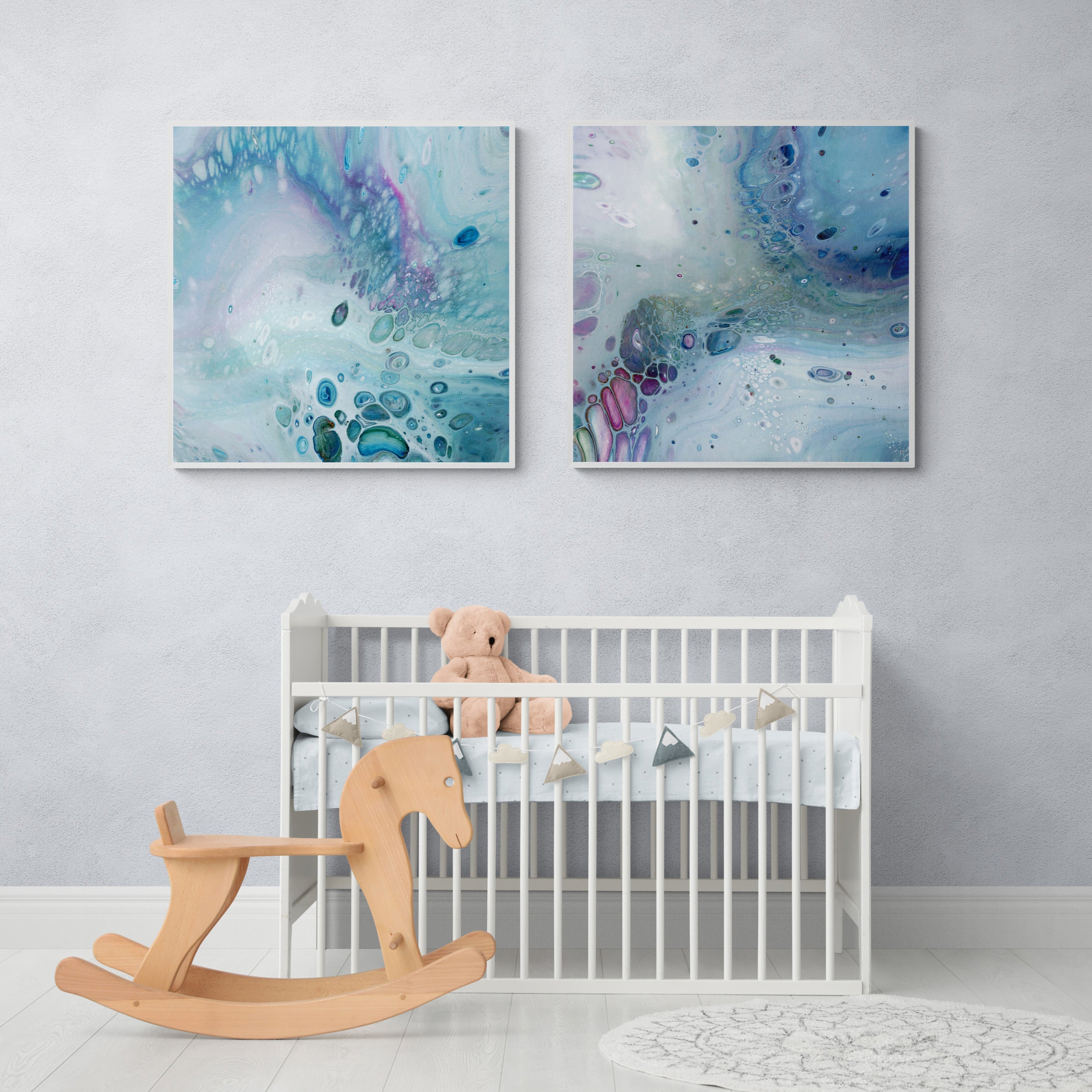 NL modern art-canvas-print-gentle-pastel-2-and-1-in white frame with-white-wooden-cot-and-rocking-horse-in-nursery