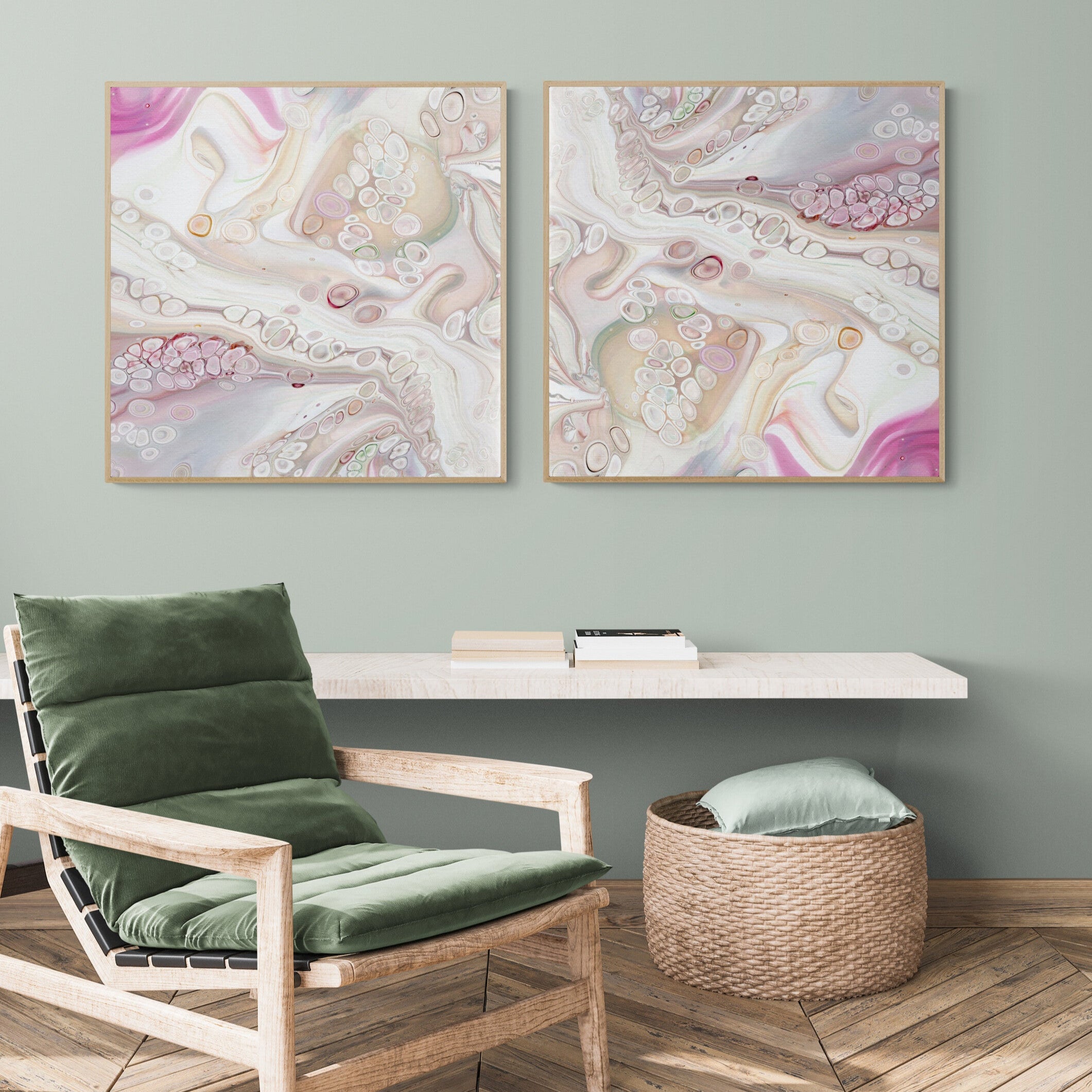 NL Modern Art Canvas Print gentle-tenderness-1-and-2-in oak frame on wall in cozy-room-with-armchair-and-wall-shelf