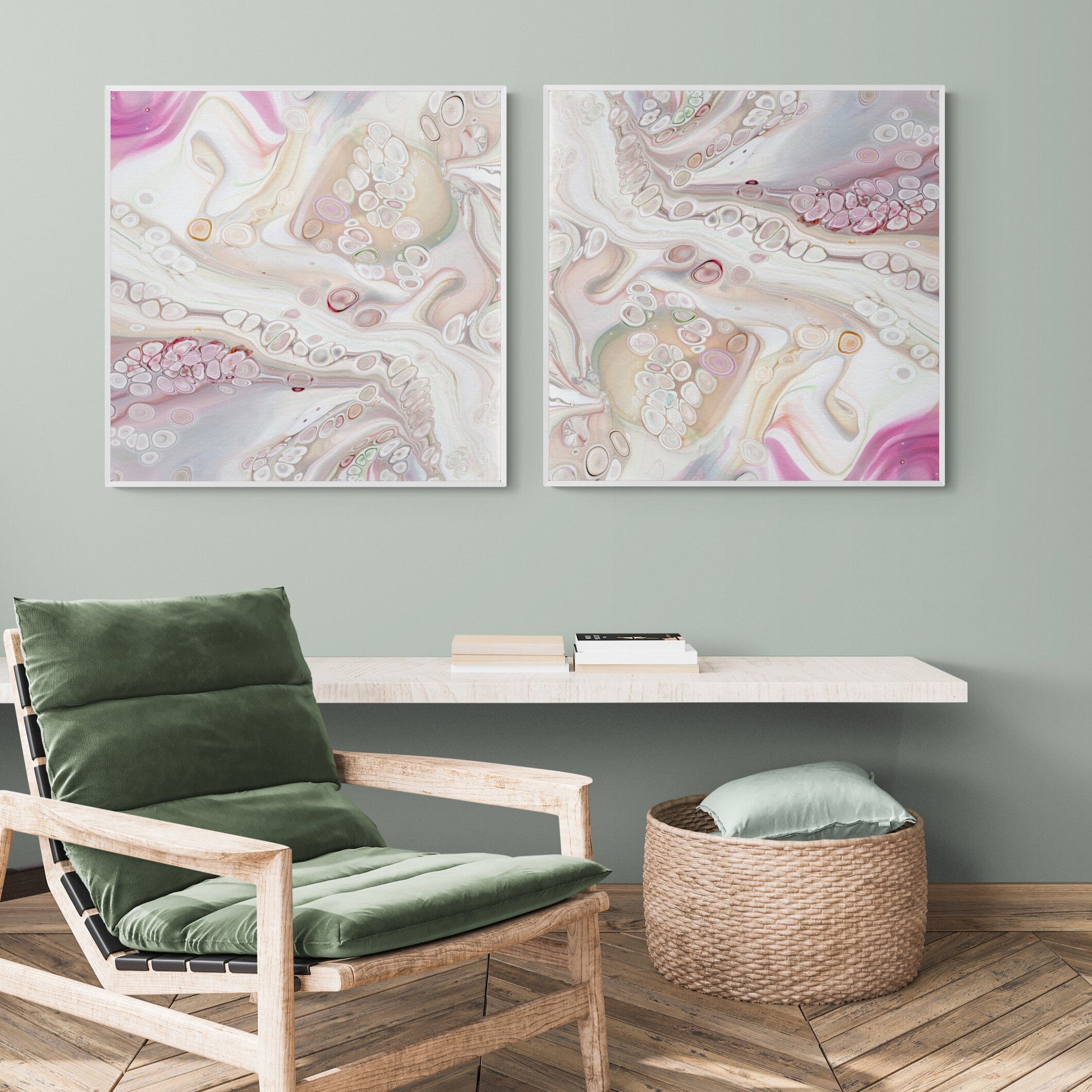 NL Modern Art Canvas Print gentle-tenderness-1-and-2-in white frame on wall in cozy-room-with-armchair-and-wall-shelf