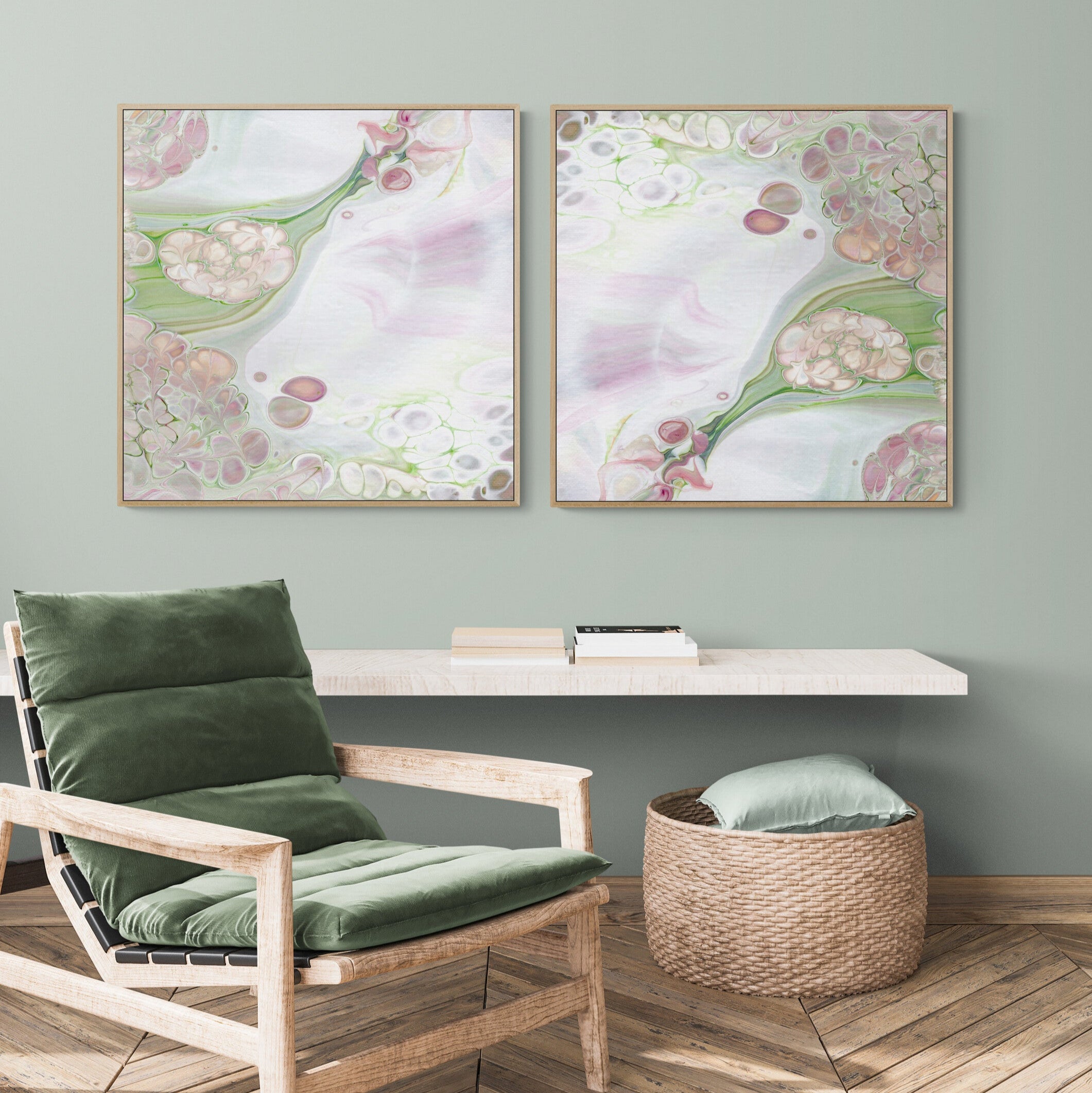 NL Modern Art Canvas Print gentle-tenderness-4-and-5-in oak frame on wall in cozy-room-with-armchair-and-wall-shelf