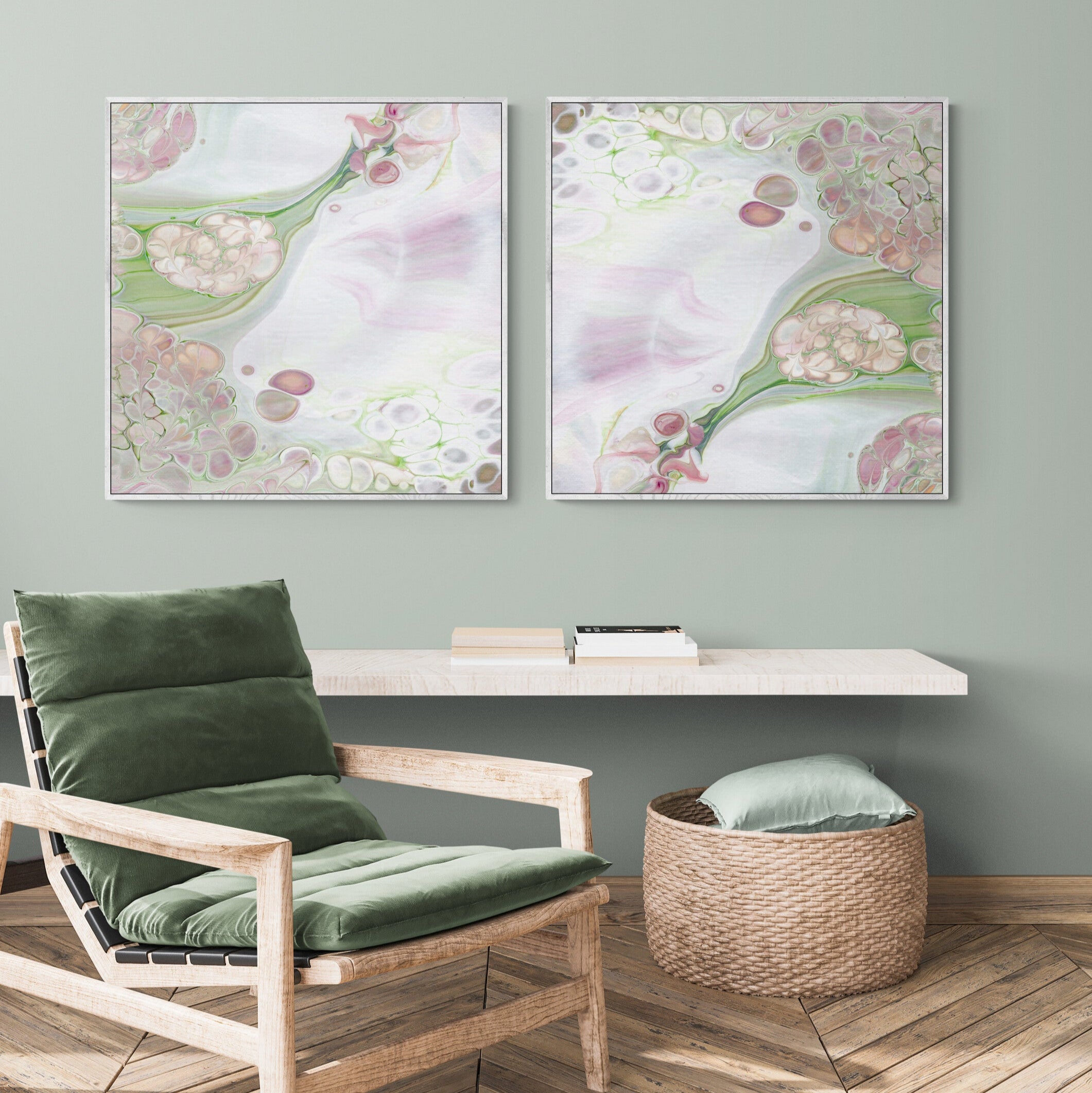 NL Modern Art Canvas Print gentle-tenderness-4-and-5-in white frame on wall in cozy-room-with-armchair-and-wall-shelf