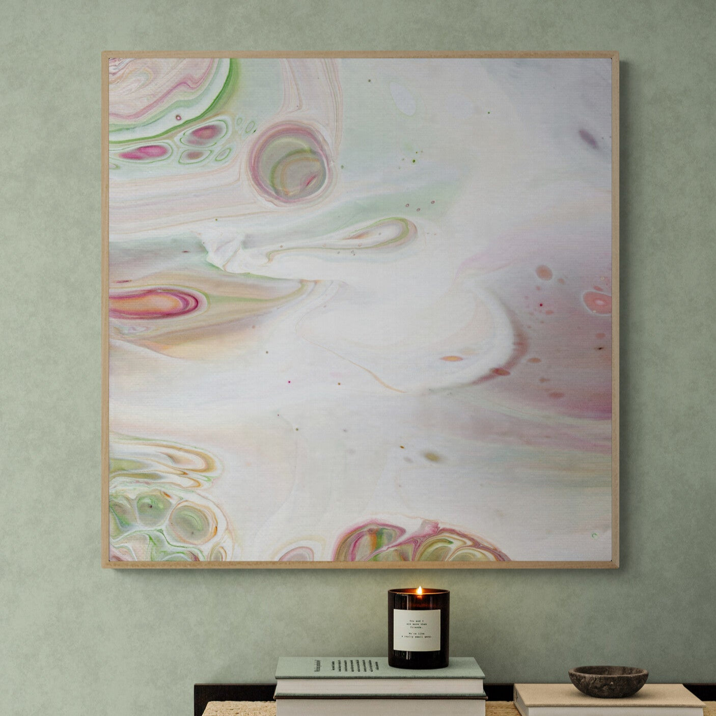NL Modern Art Canvas Print gentle-tenderness-6-in-oak frame on wall in minimal-room-with-a-modern-console-table