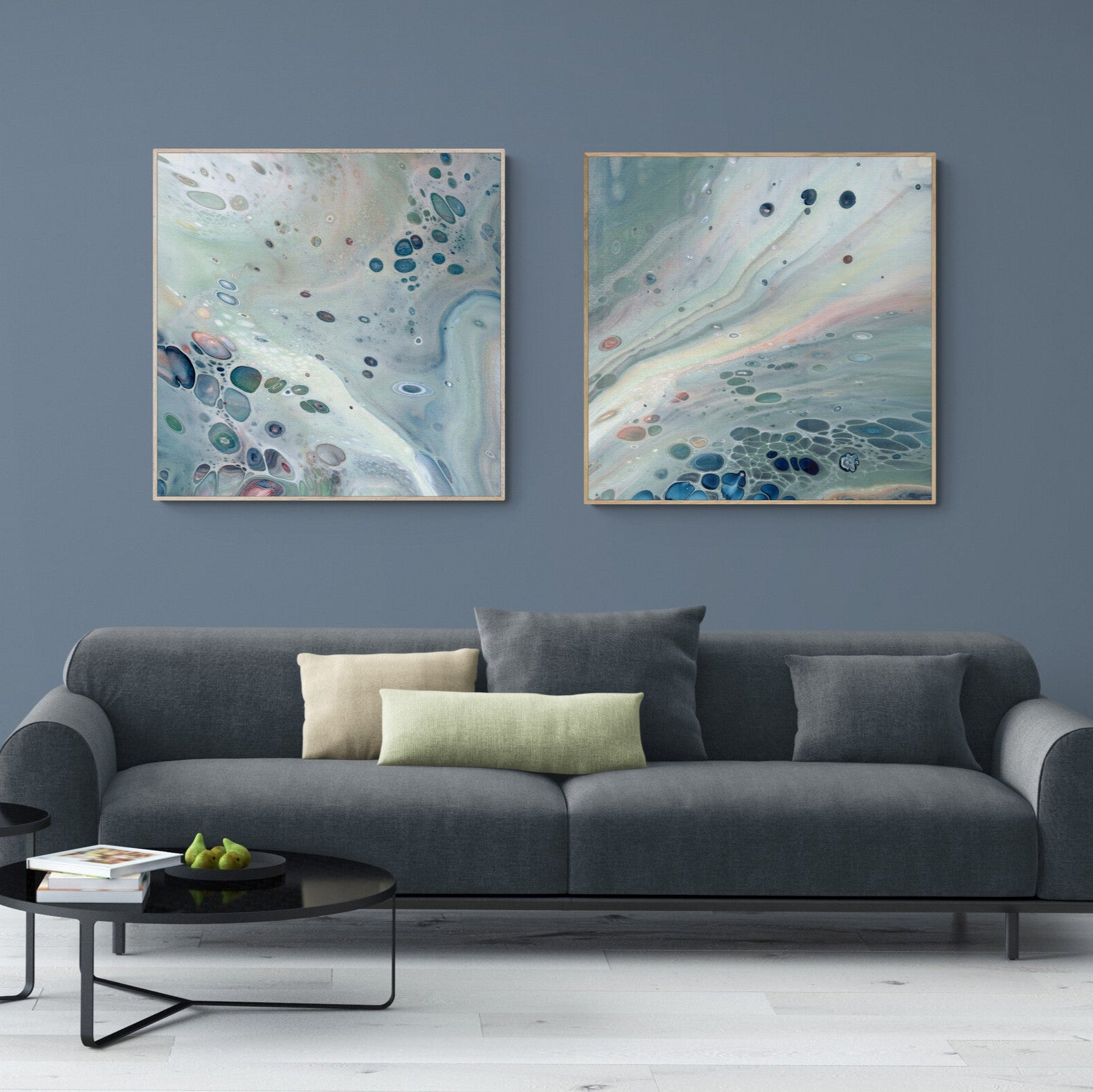NL modern art-wall-art-gentle-pastel-3-and-4-diptych-in-oak frame in modern-apartment-living-room