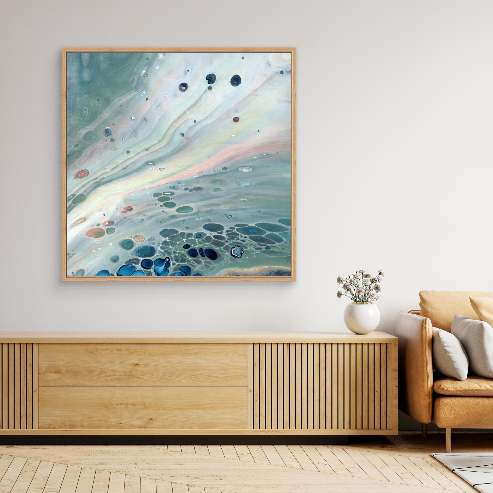 NL Modern Art Wall Art Canvas Print Gentle Pastel 4 in oak frame over wooden cabinet with round vase and flowers