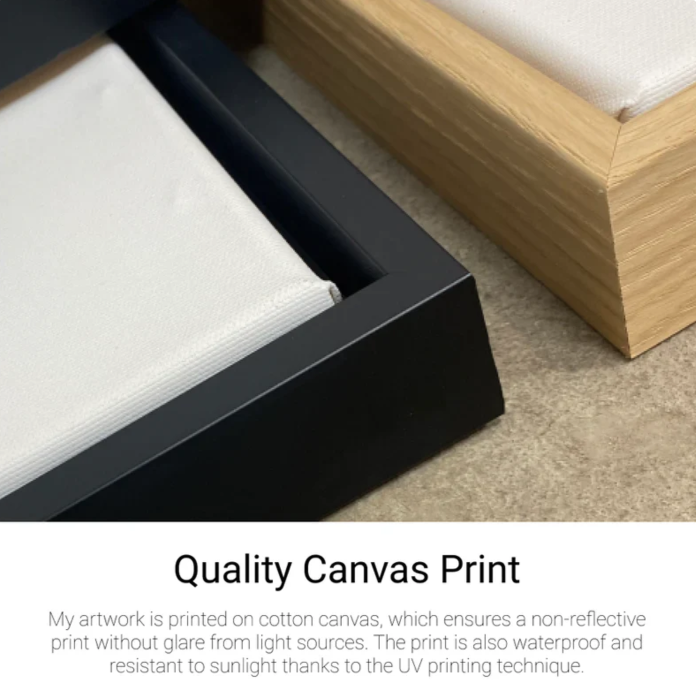 Close up of black frame and oak frame with blank canvas