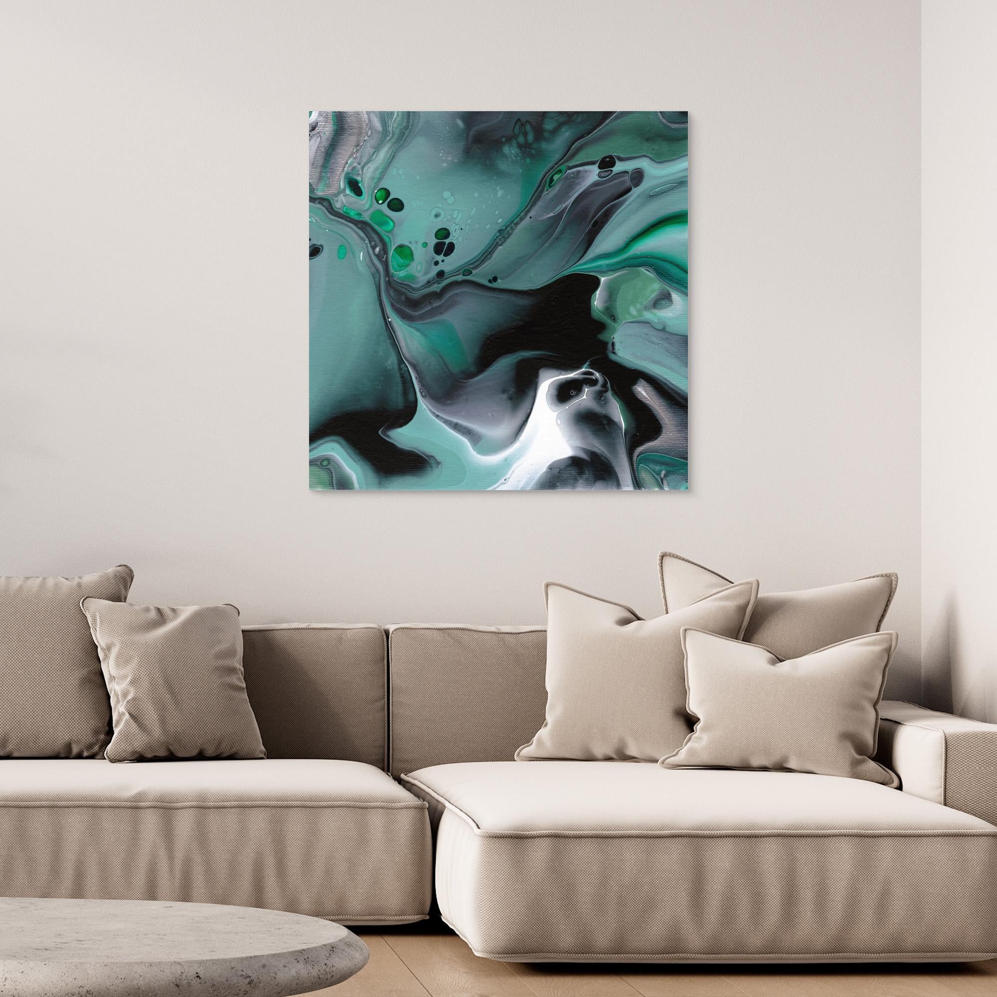 NL modern art Art Print Manchester Uplifting Malachite 1 unframed on wall over comfy sofa
