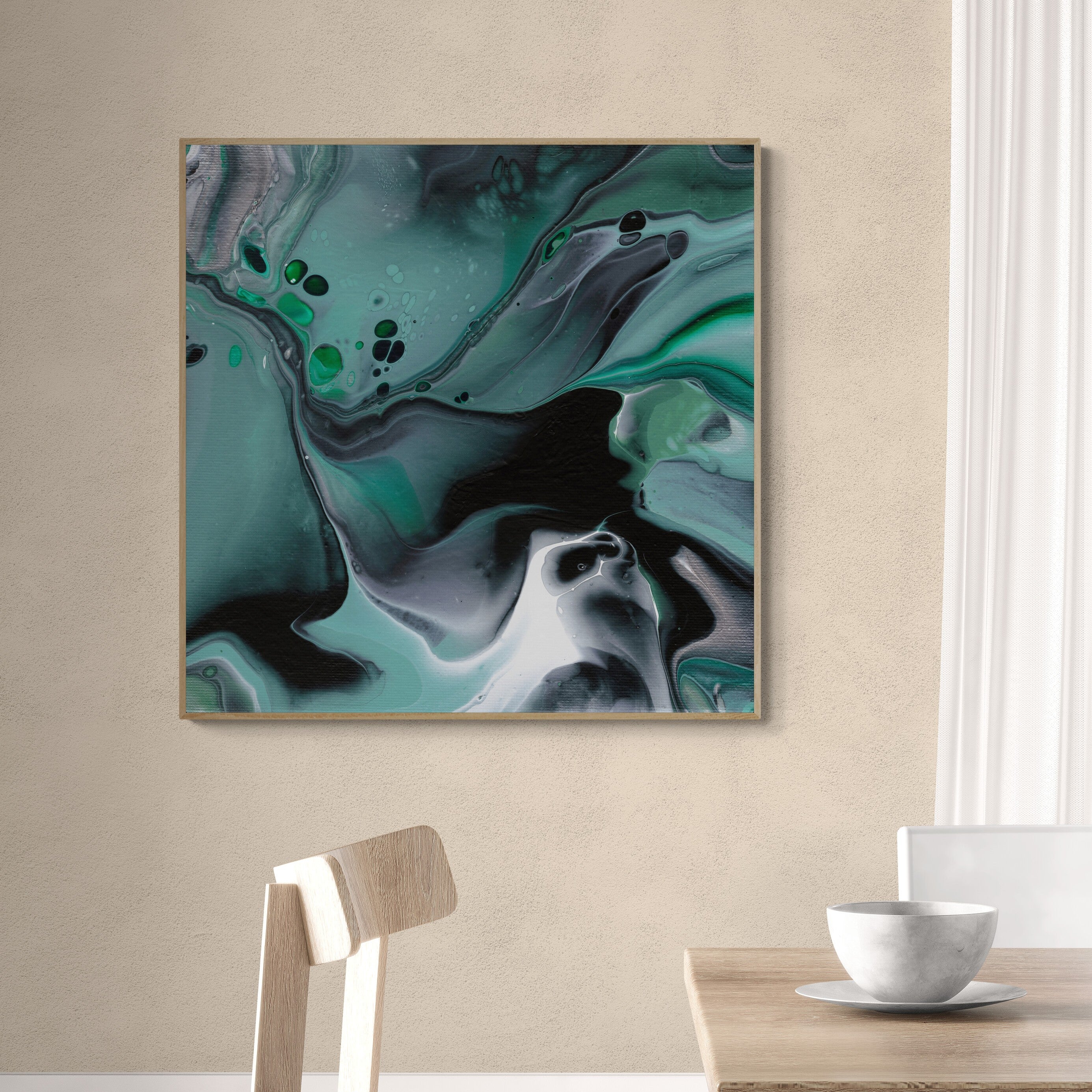 NL modern art-art-print-manchester-uplifting-malachite-1-on-wall-over-a-dining-table-and-chairs-oak-frame