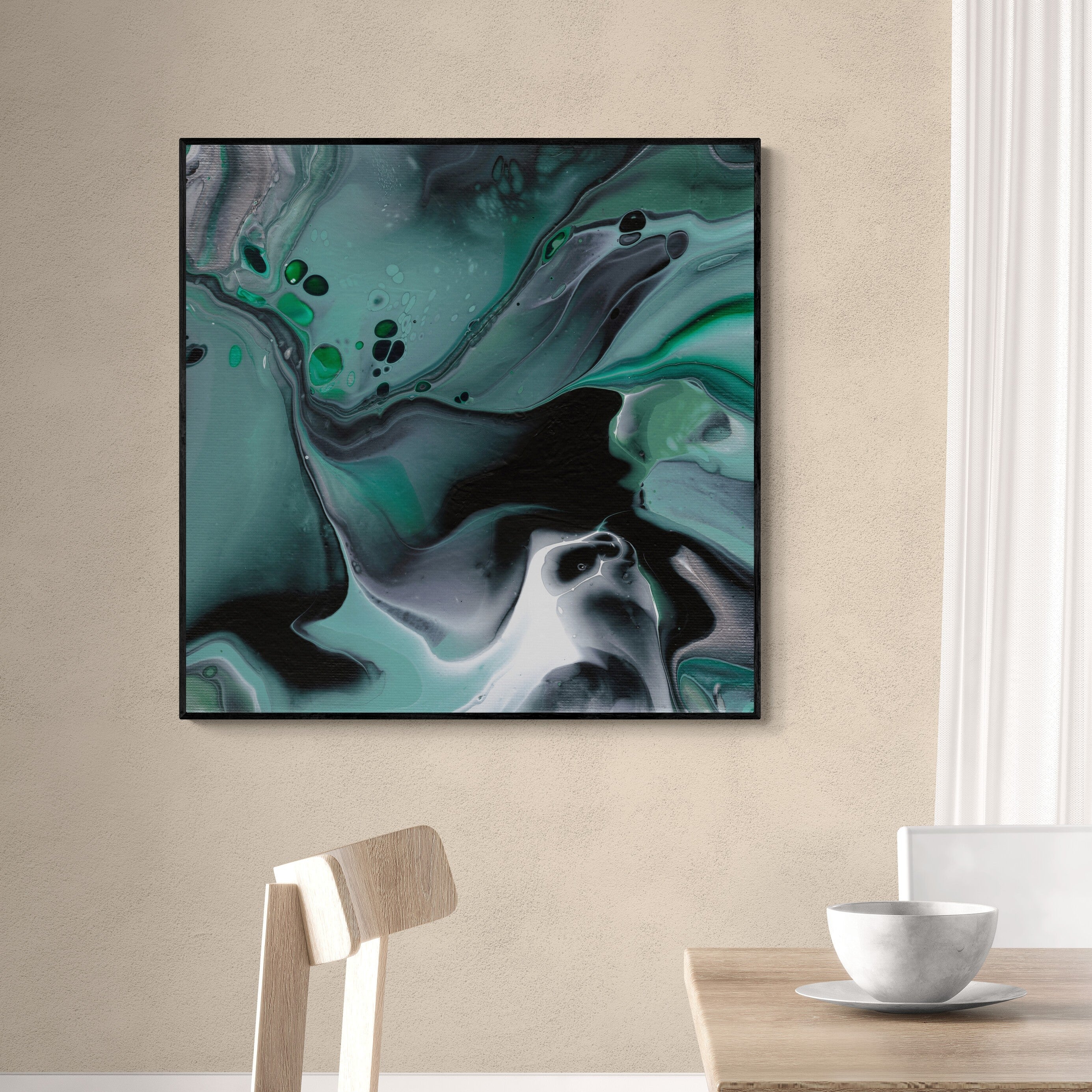 NL modern art-art-print-manchester-uplifting-malachite-1-on-wall-over-a-dining-table-and-chairs-black-frame