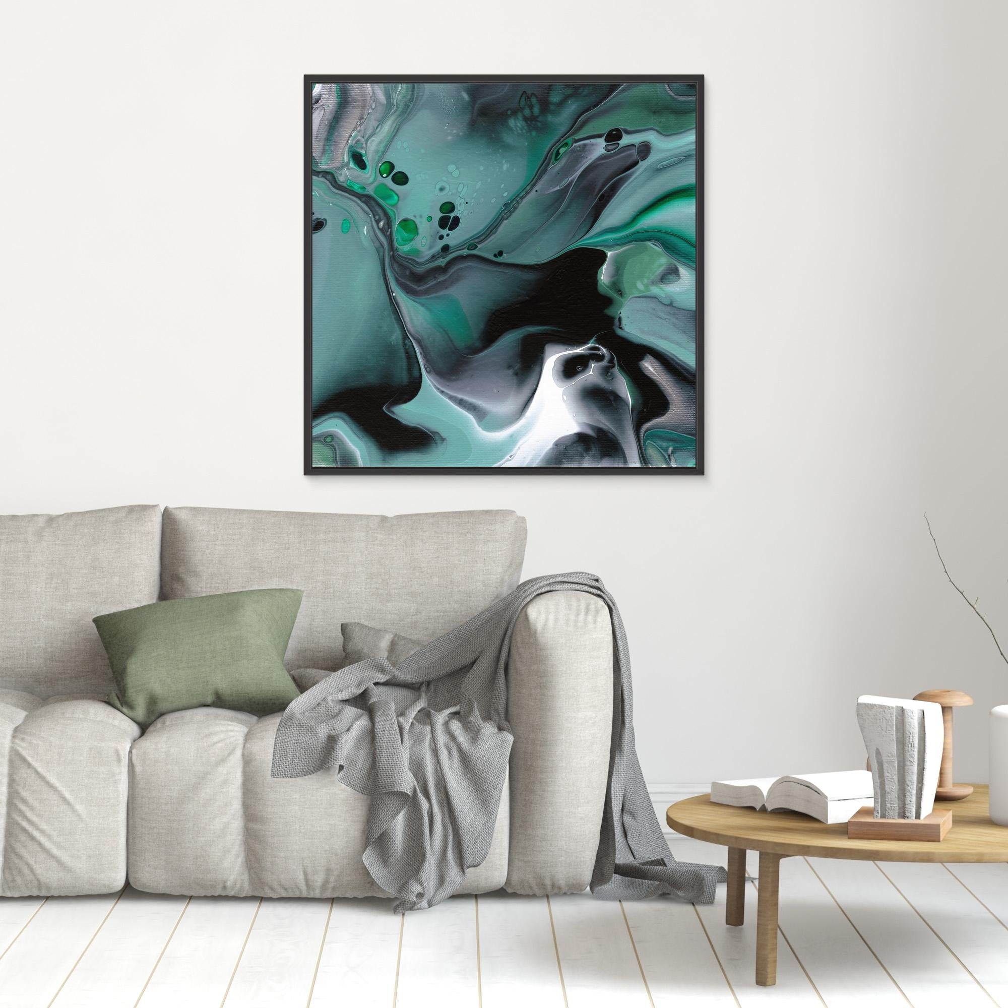 NL modern art Art Print Manchester Uplifting Malachite 1 in black frame on wall over grey sofa
