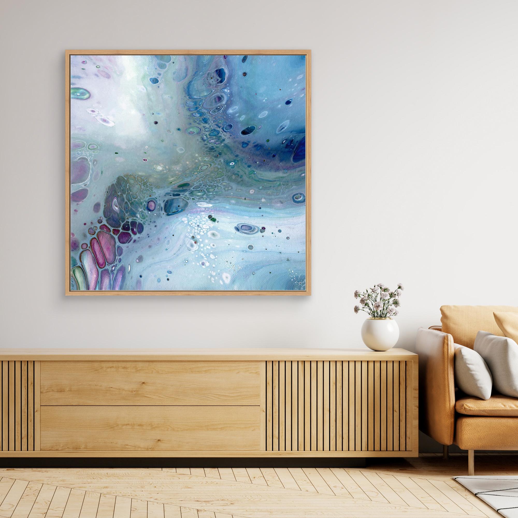 NL modern art Wall Art Canvas Print Gentle Pastel 1 in oak frame over wooden cabinet with white vase and flowers