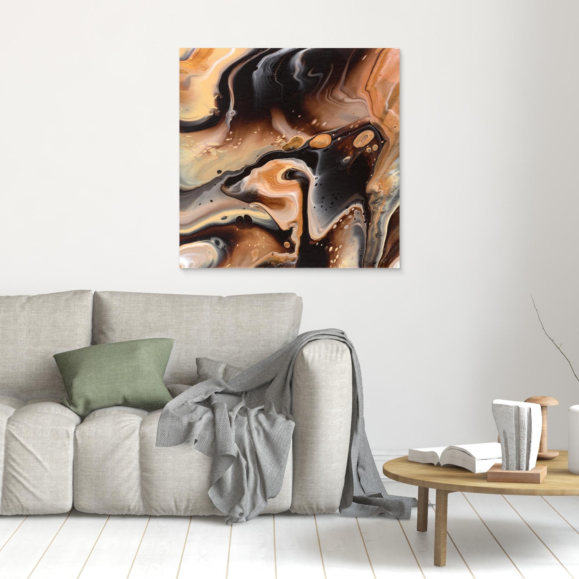 NL modern art Unframed Canvas Print Comforting Chocolate Caramel 4 on wall over grey sofa