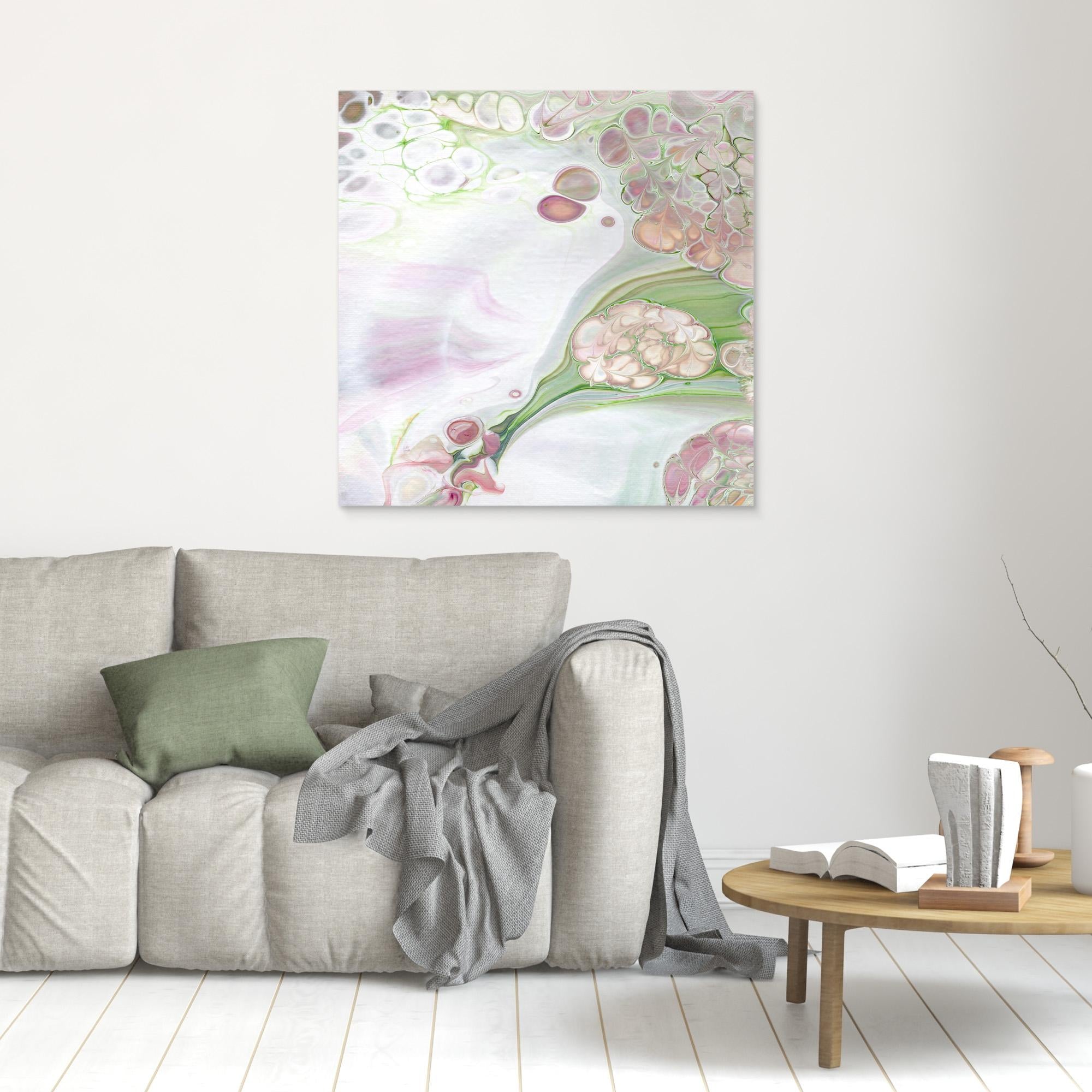 NL Modern Art Unframed Canvas Print Soft Tenderness 5 on wall over grey sofa