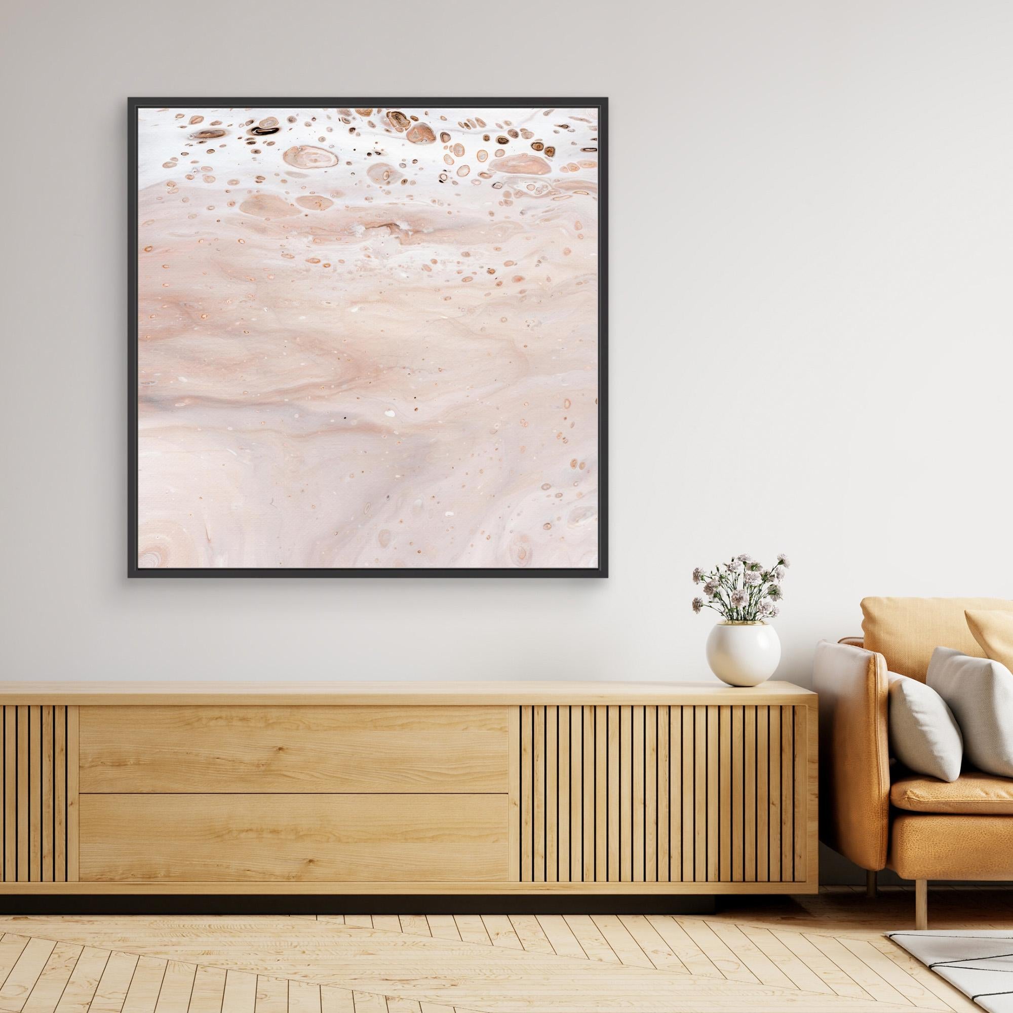 NL modern art Art Prints Soothing Neutrals 1 in black frame on wall over wooden cabinet and white vase with flowers