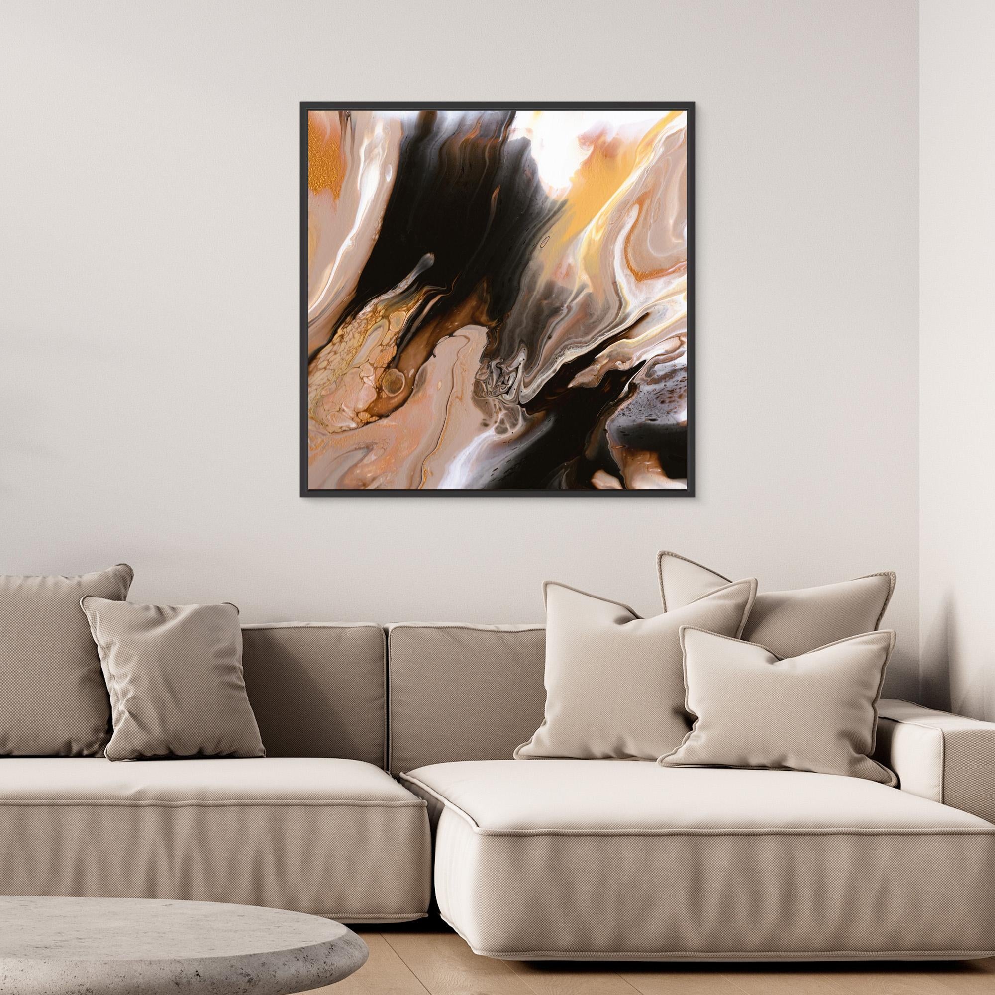 NL modern art Canvas Print Comforting Chocolate Caramel 6 in black frame over comfy sofa