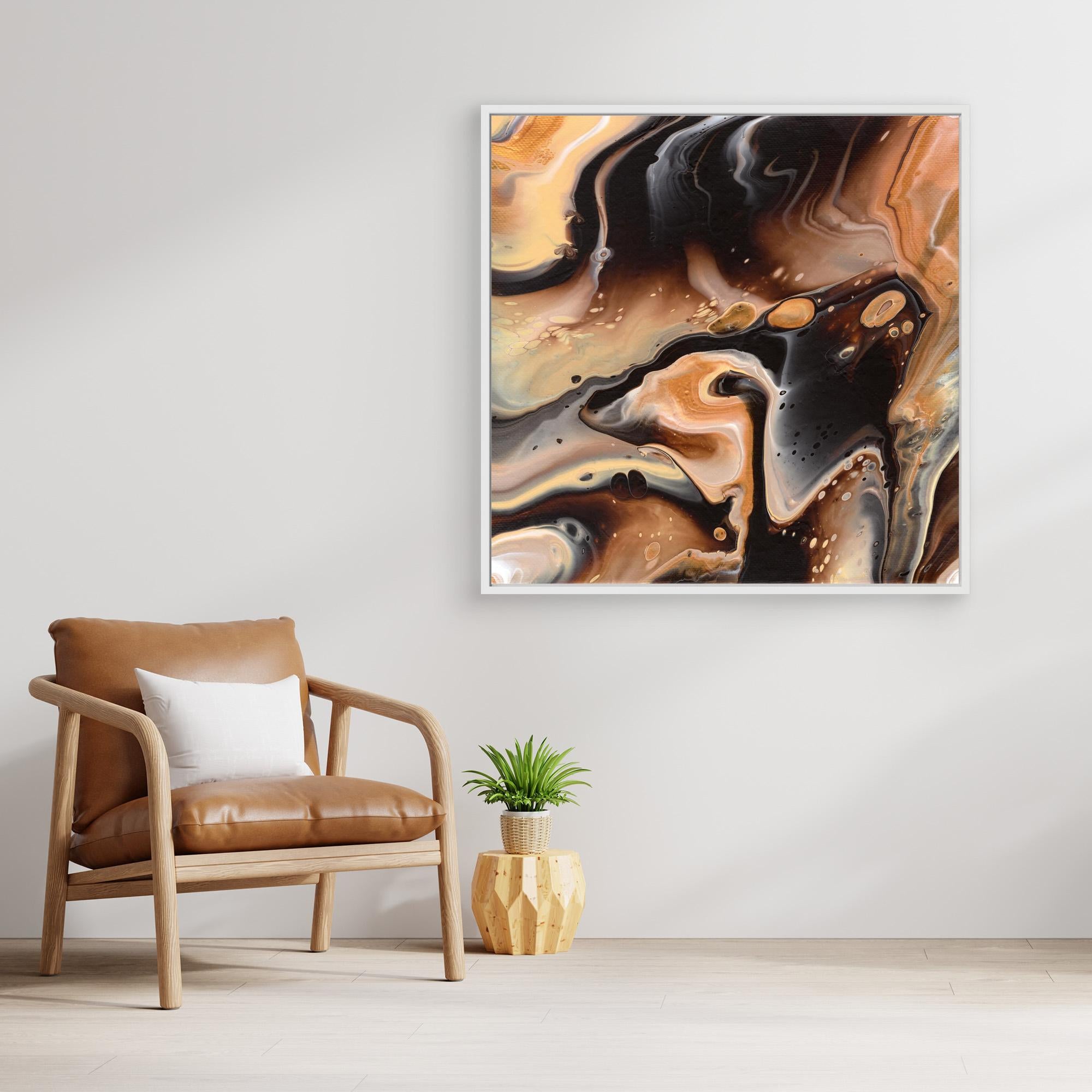 NL modern art Canvas Print Comforting Chocolate Caramel 4 in white frame on wall next to comfy chair and small plant