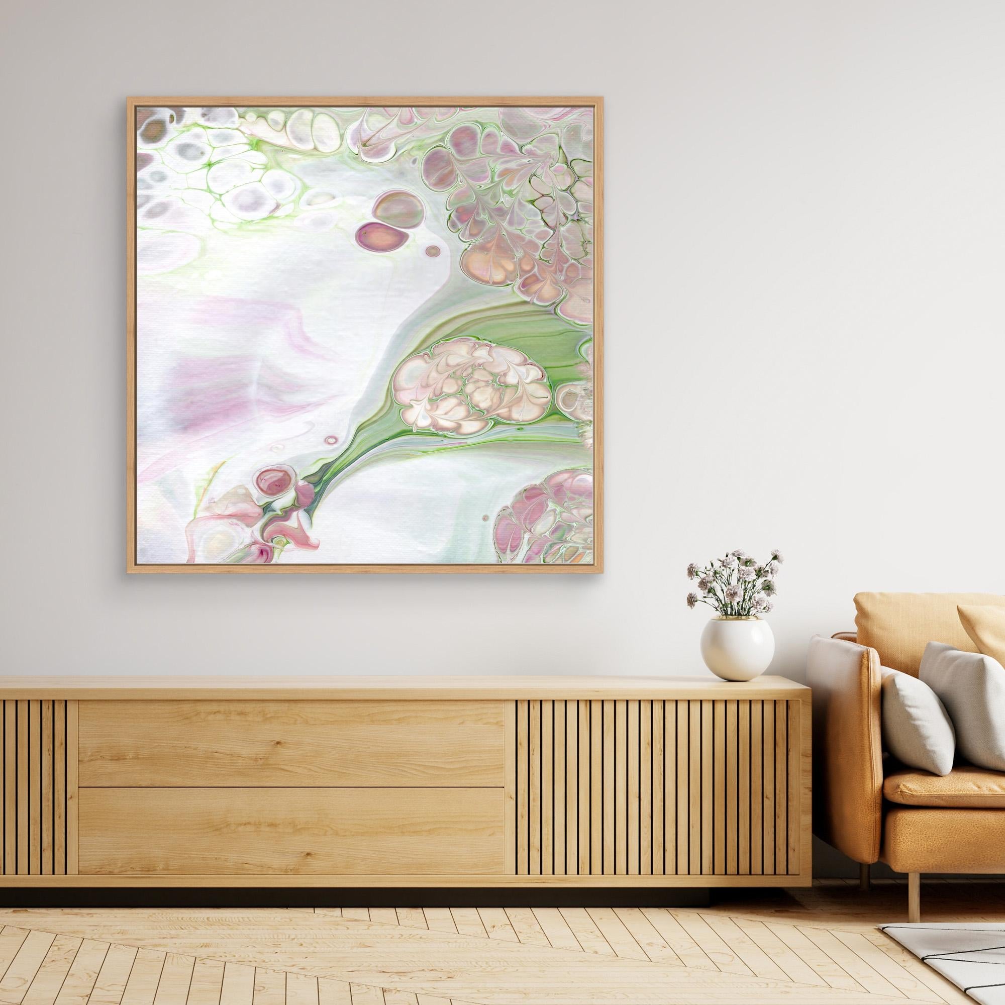 NL Modern Art Canvas Print Soft Tenderness 5 in oak frame on wall over wooden cabinet and white vase with flowers