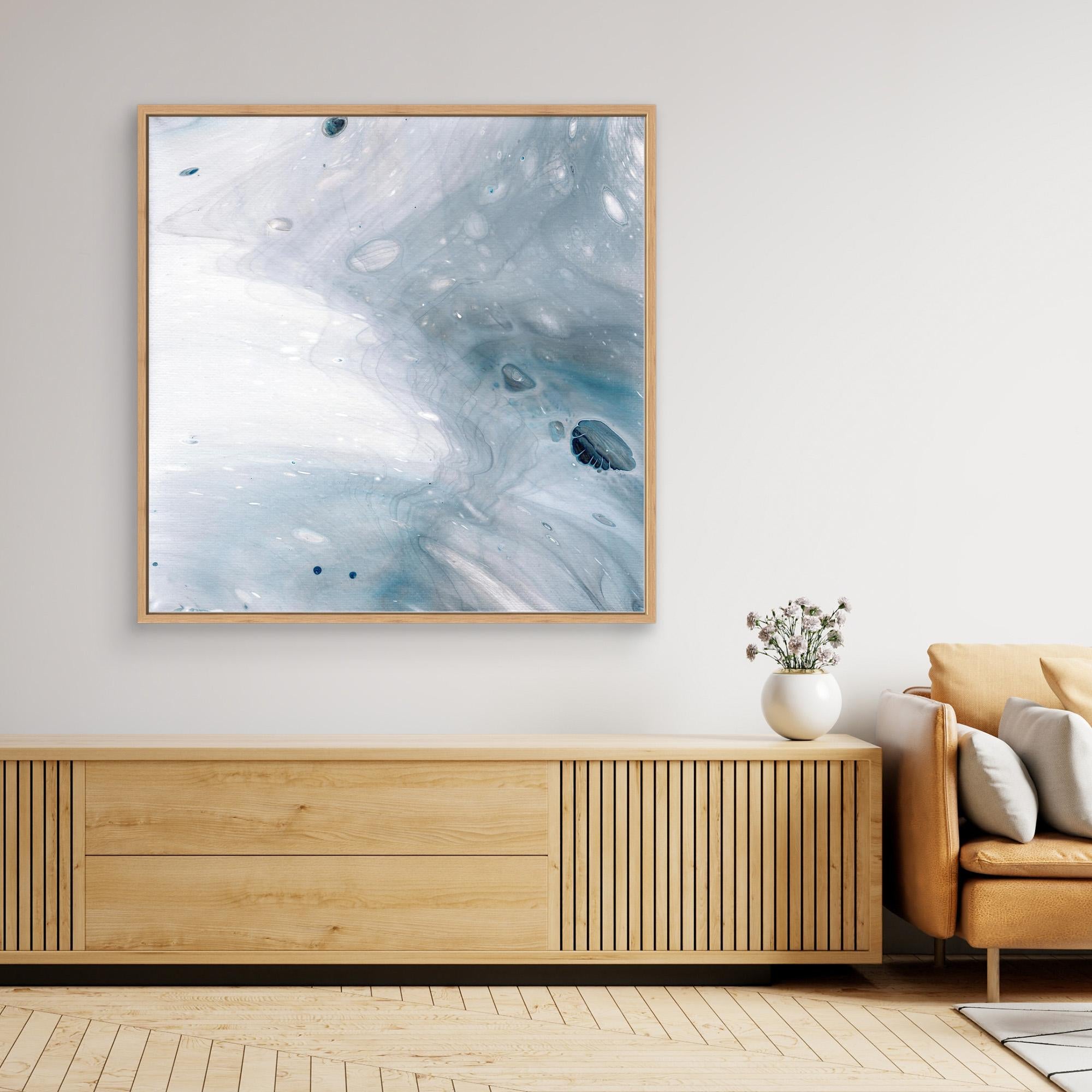 NL Modern Art Wall Art Canvas Print Gentle Pastel 5 in oak frame over wooden cabinet with a round vase and flowers