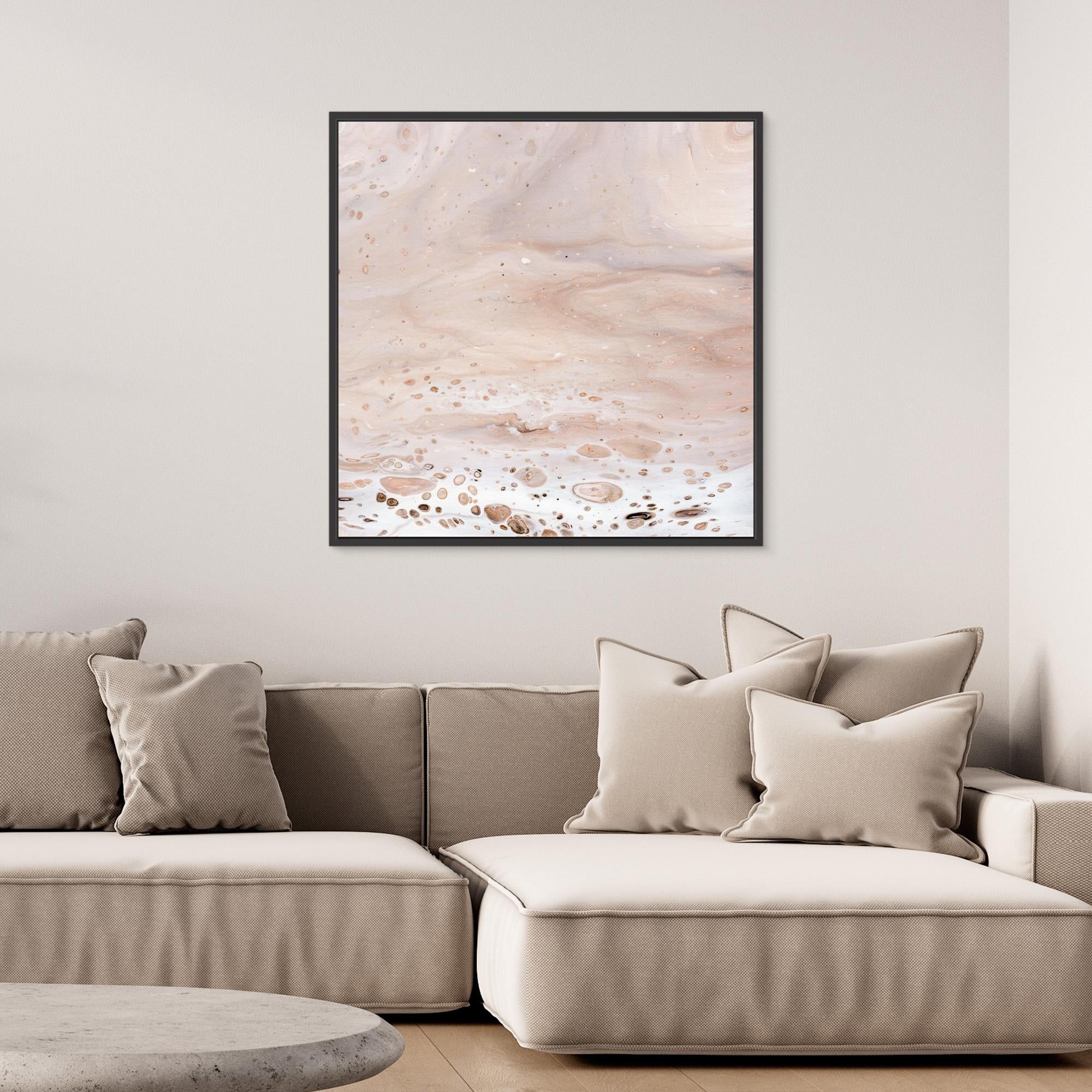 NL modern art Art Prints Soothing Neutrals 2 in black frame on wall over comfy sofa