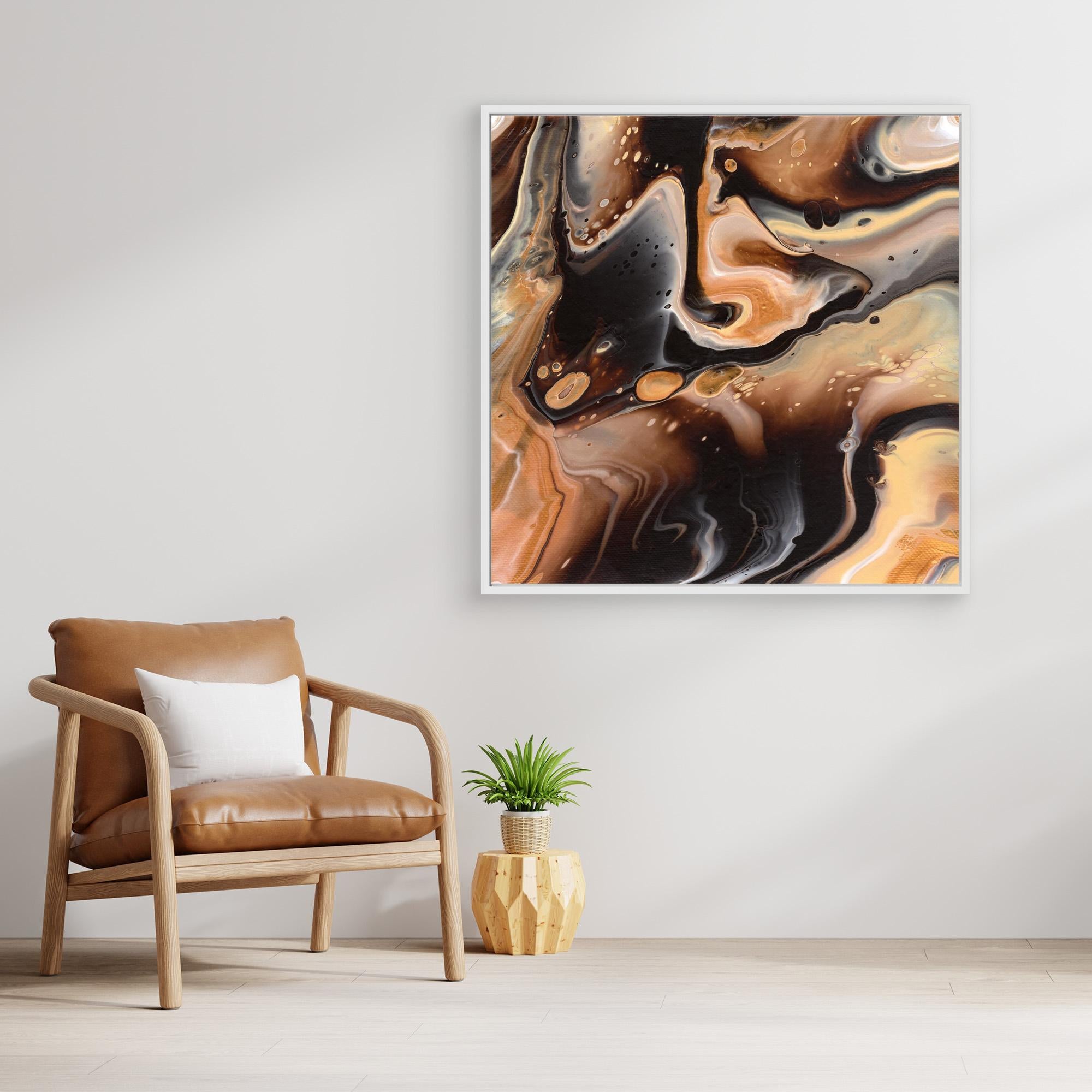 NL modern art Canvas Print Comforting Chocolate Caramel in white frame on wall next to comfy chair and small plant