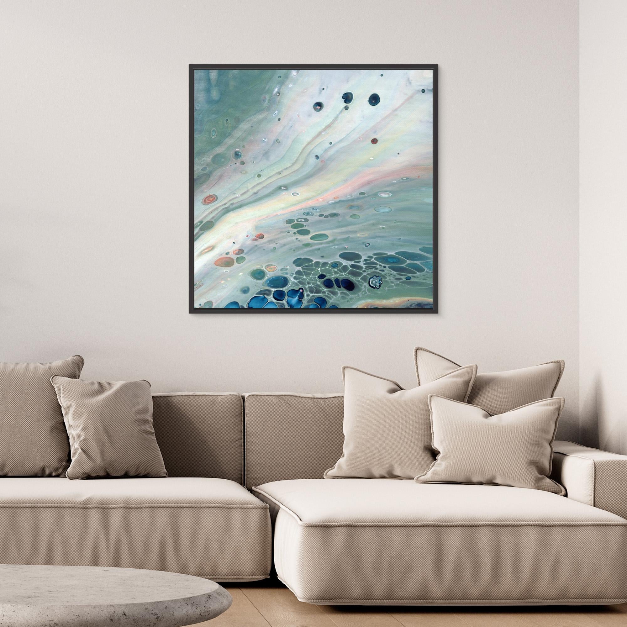 NL Modern Art Wall Art Canvas Print Gentle Pastel 4 in black frame over comfy sofa