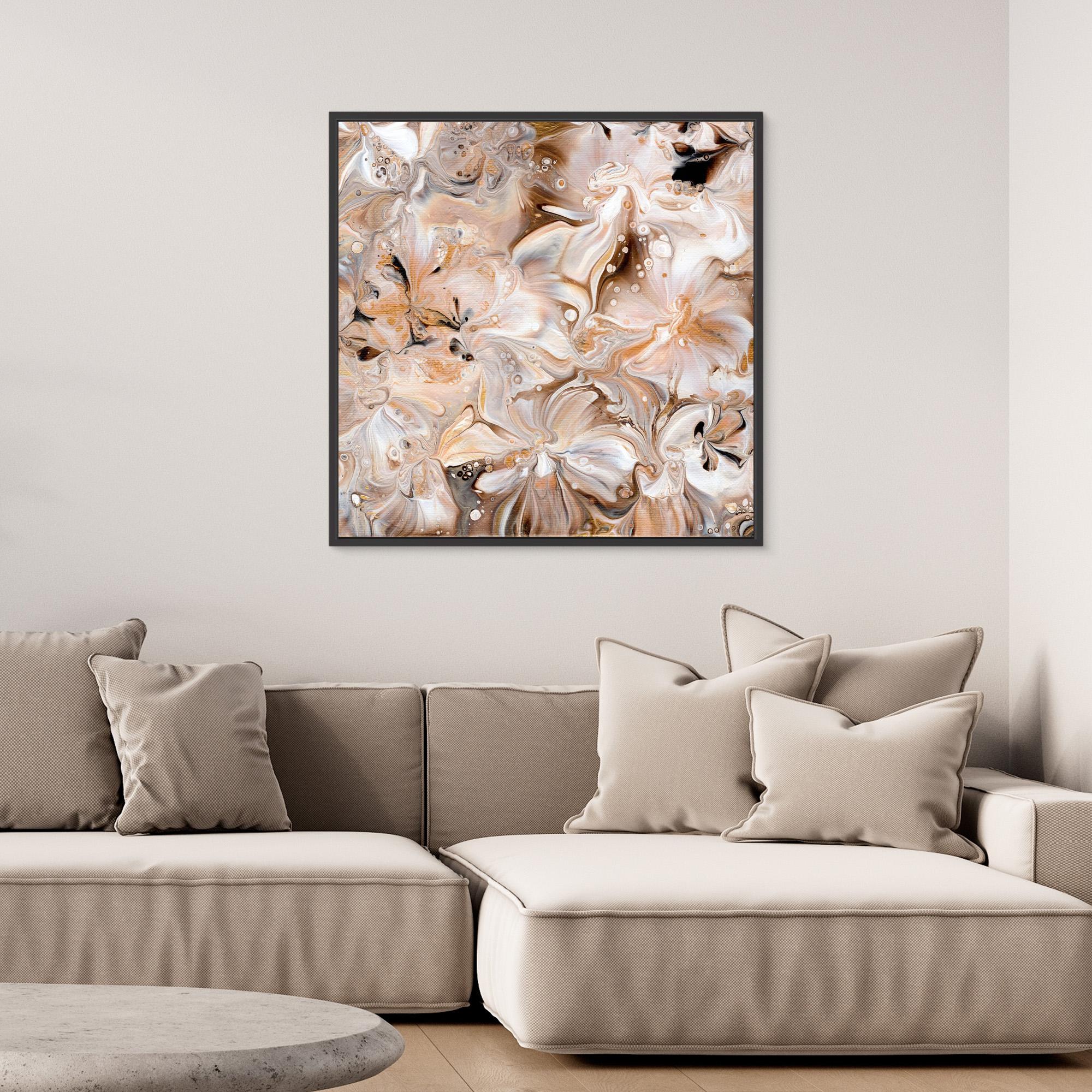 NL modern art Art Prints Soothing Neutrals 4 in black frame on wall over comfy sofa