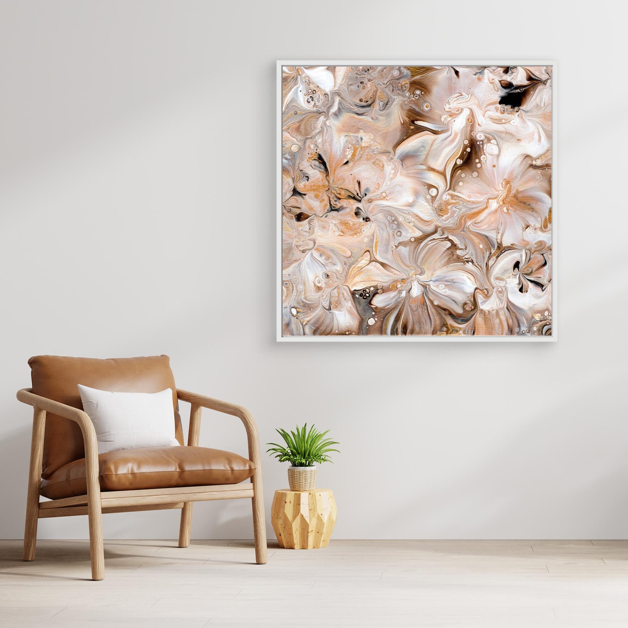 NL modern art Art Prints Soothing Neutrals 4 in white frame on wall next to comfy chair and small plant