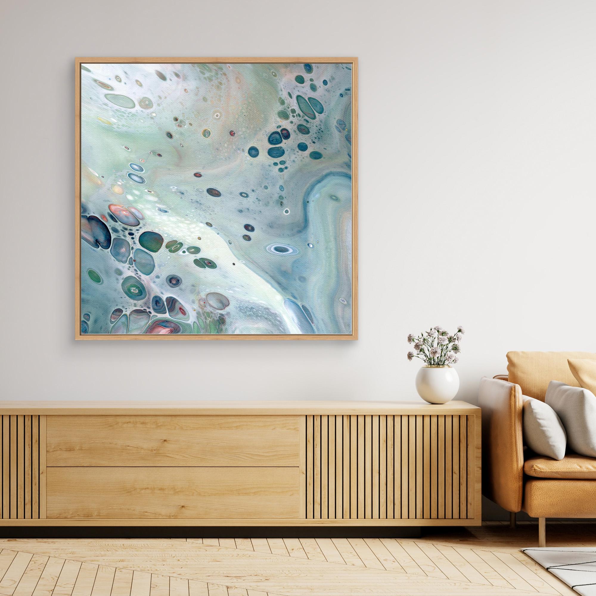 NL modern art Wall Art Canvas Print Gentle Pastel 3 in oak frame over wooden cabinet with round vase and flowers