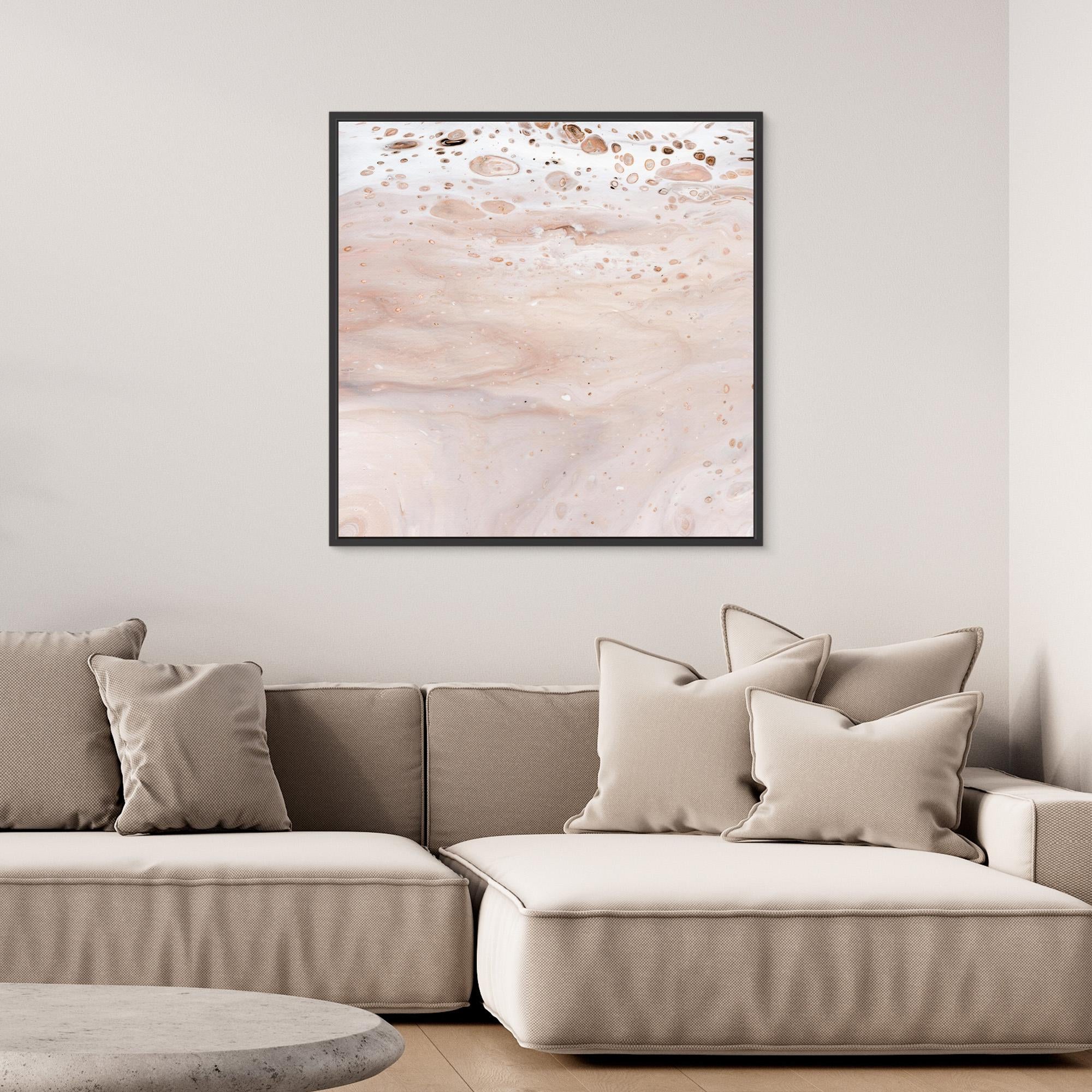 NL modern art Art Prints Soothing Neutrals 1 in black frame on wall over comfy sofa