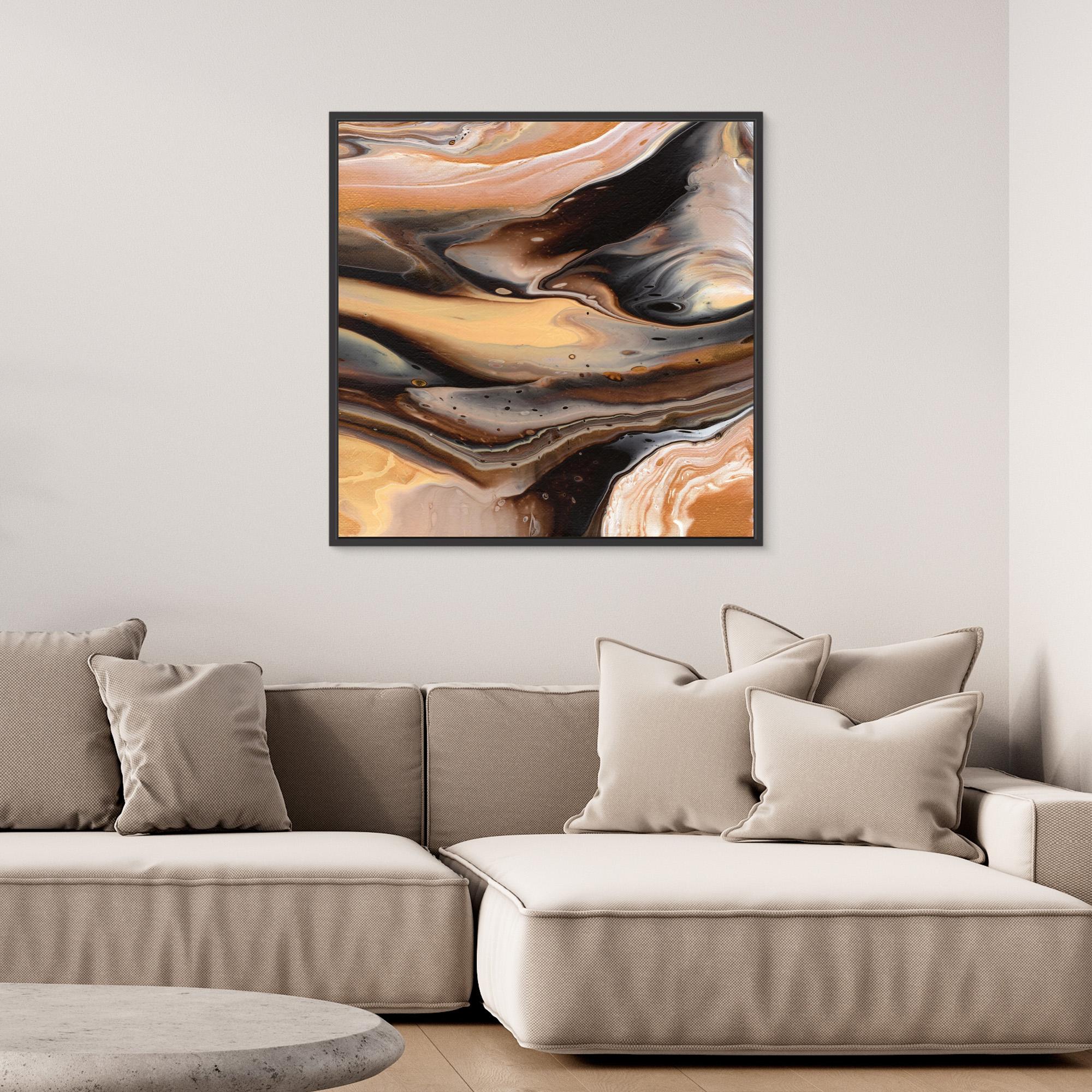 NL Modern Art Canvas Print Comforting Chocolate Caramel 1 in black frame on wall over comfy sofa