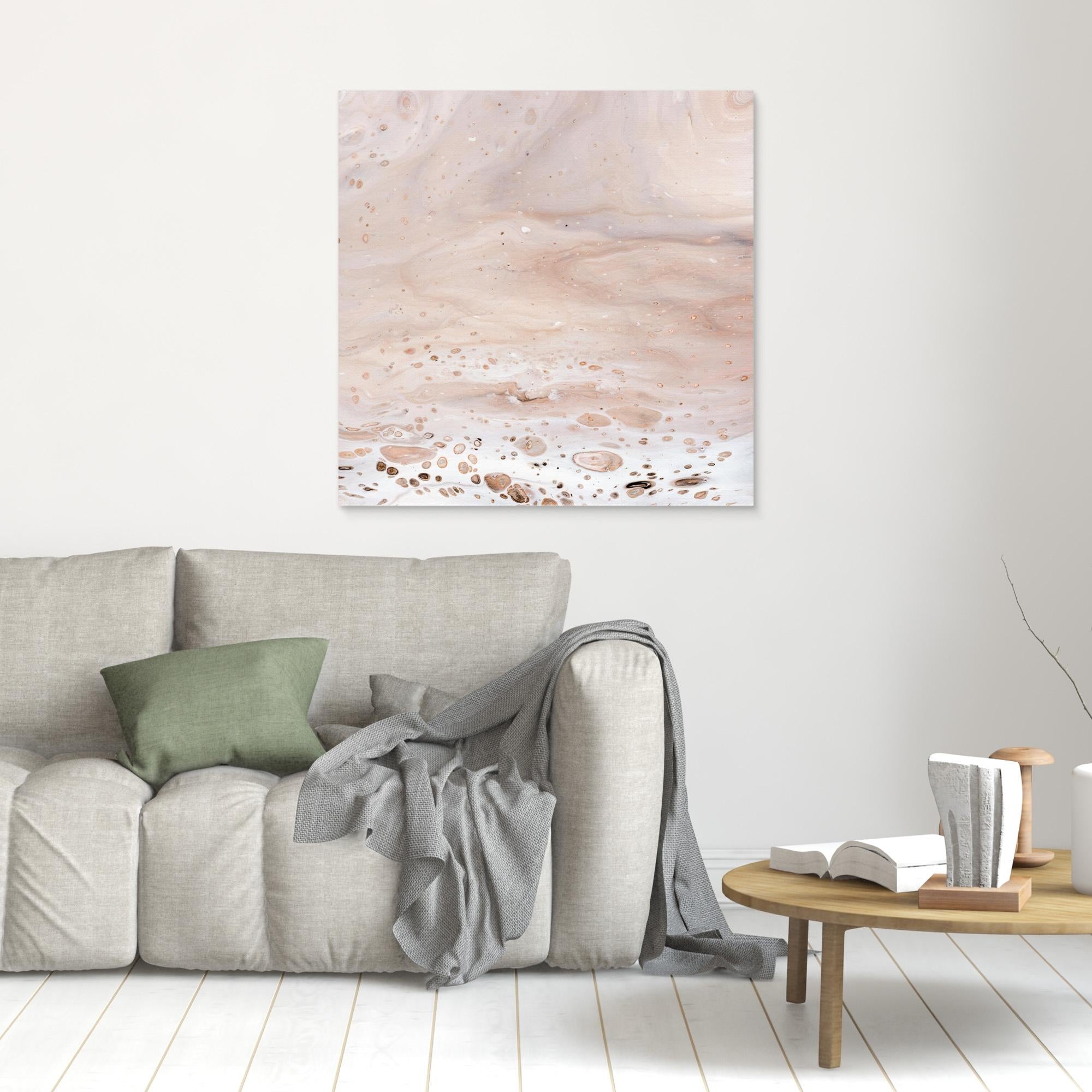 NL modern art Art Prints Soothing Neutrals 2 unframed on wall over grey sofa