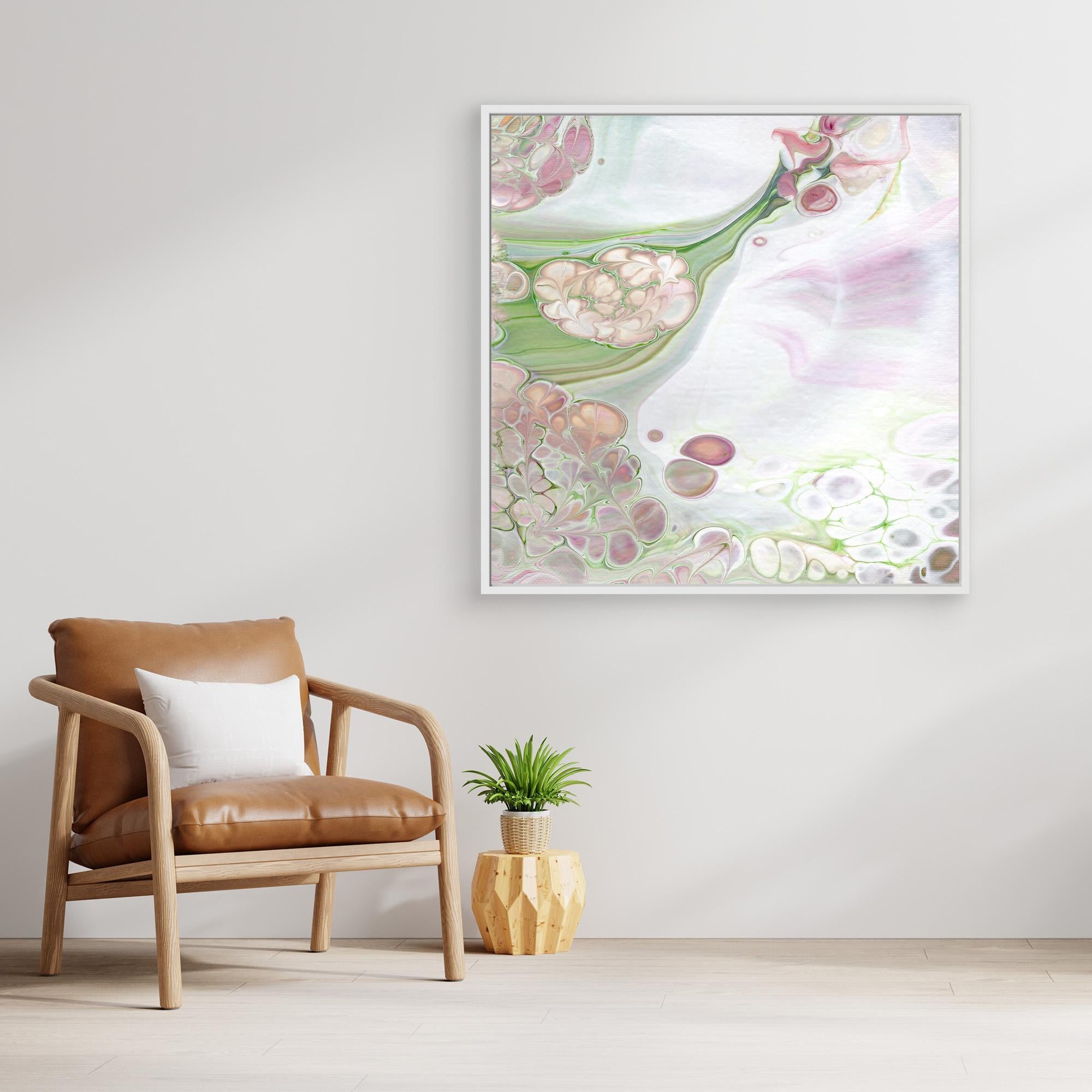 NL Modern Art Canvas Print Soft Tenderness 4 in white frame on wall next to comfy chair and small plant
