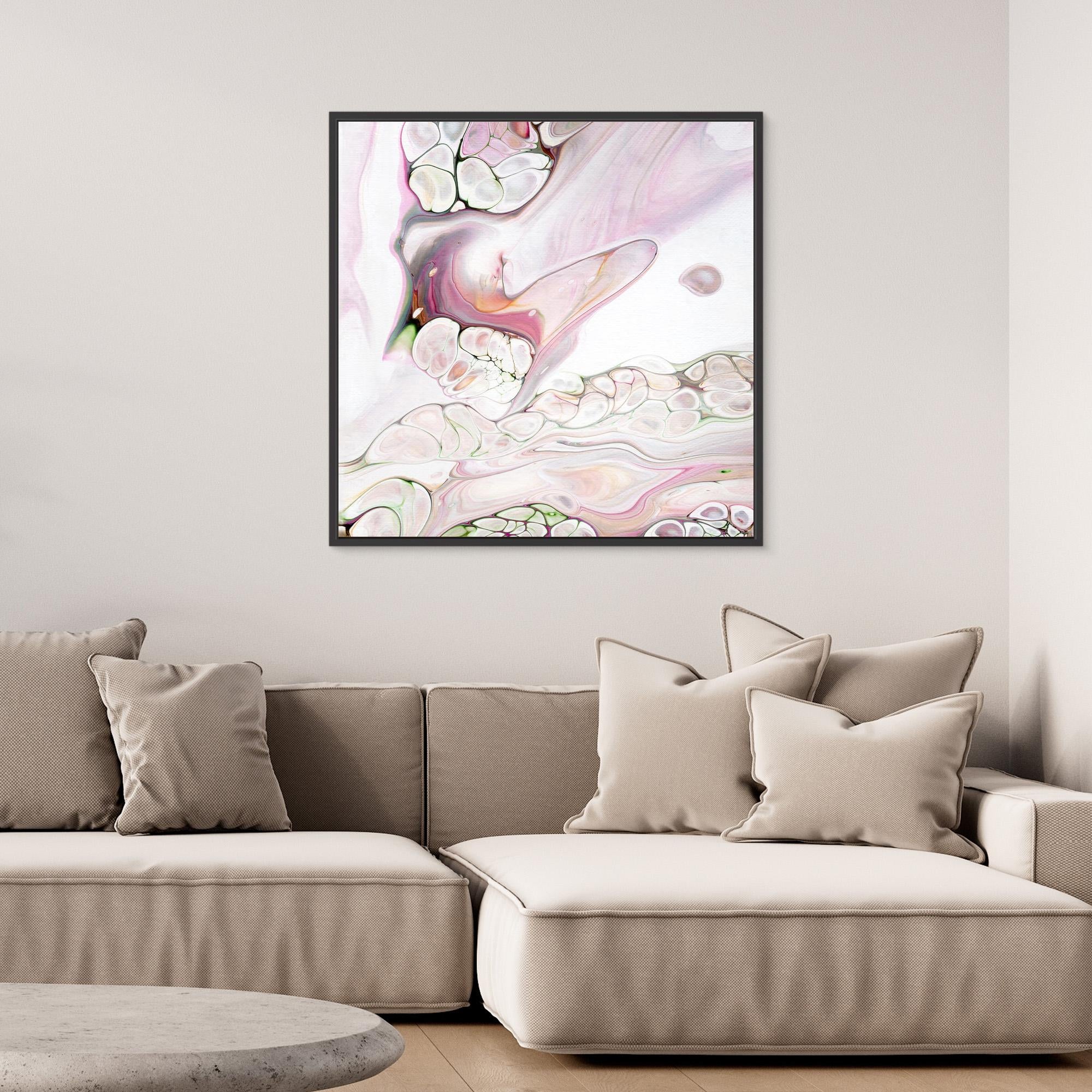 NL Modern Art Canvas Print Soft Tenderness 3 in black frame on wall over comfy sofa