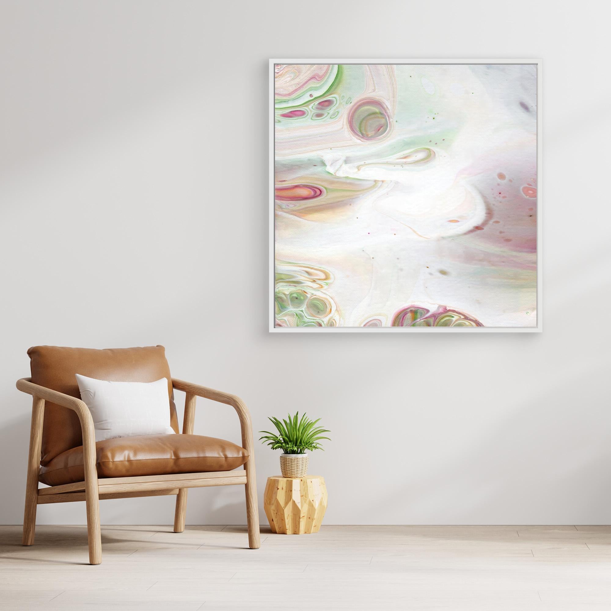 NL Modern Art Canvas Print Soft Tenderness 6 in white frame on wall next to comfy chair and small plant