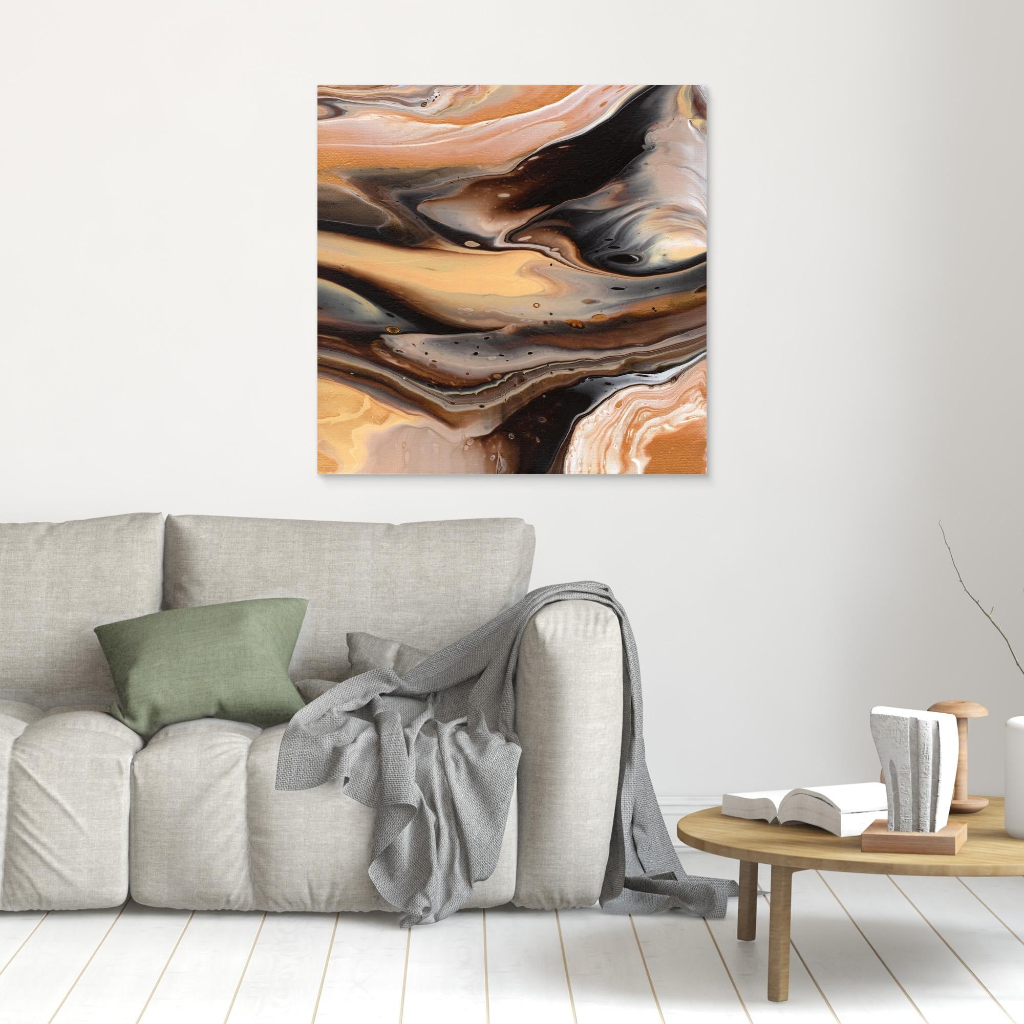 NL Modern Art Unframed Canvas Print Comforting Chocolate Caramel on wall over grey sofa