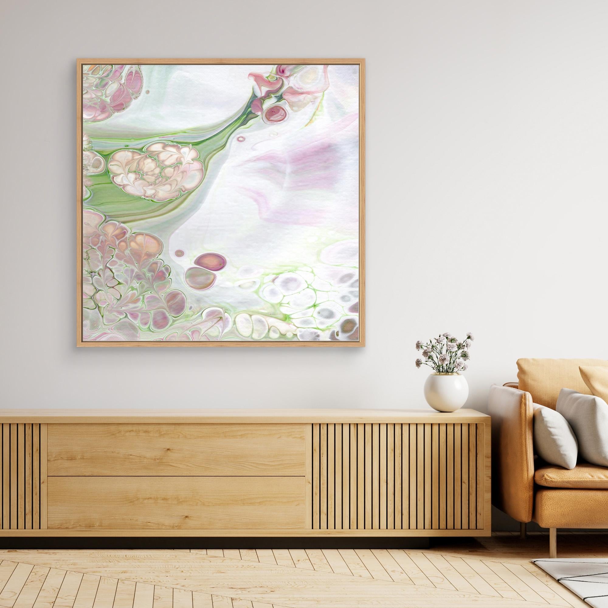 NL Modern Art Canvas Print Soft Tenderness 4 in oak frame on wall over wooden cabinet and white vase with flowers