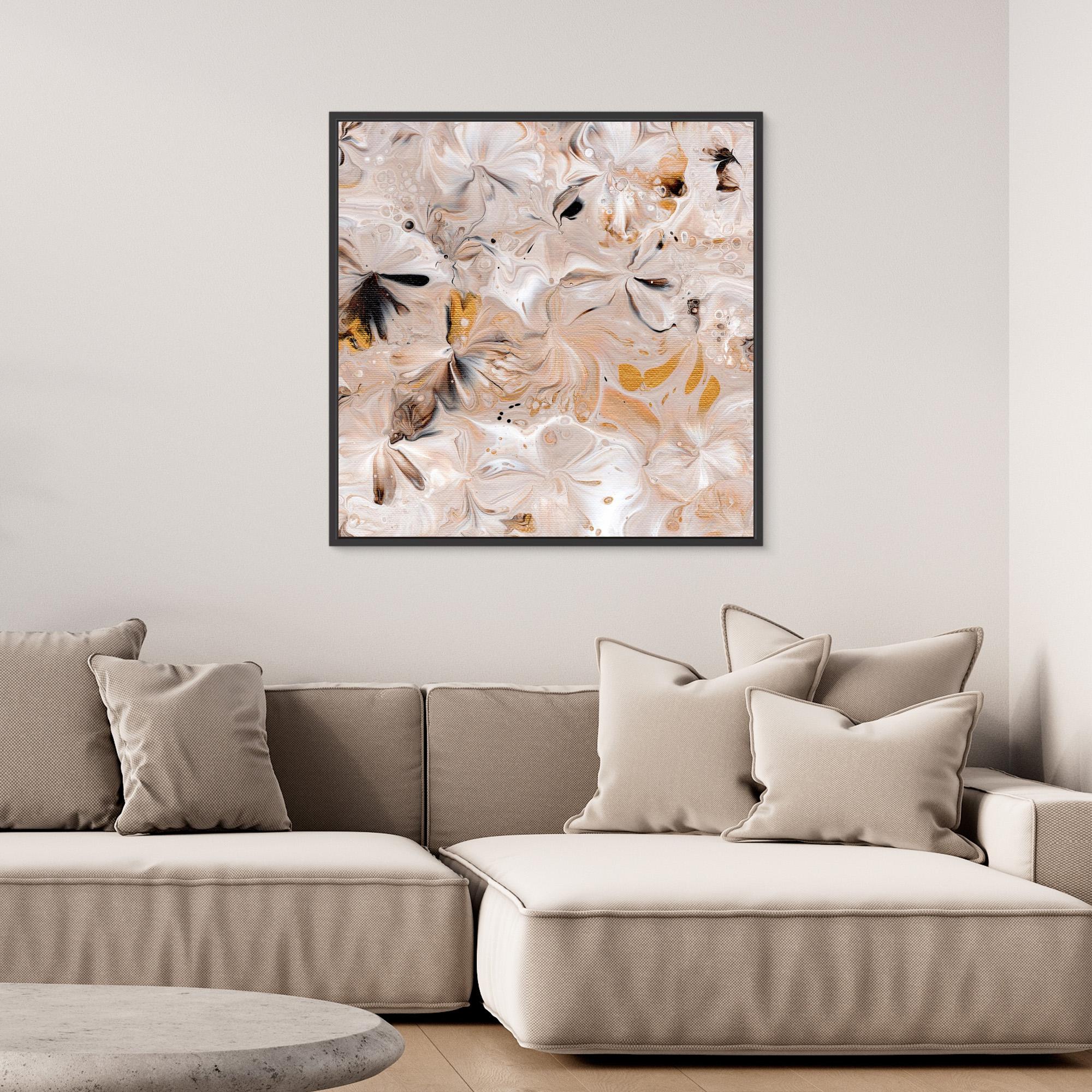 NL modern art Art Prints Soothing Neutrals 3 in black frame on wall over comfy sofa