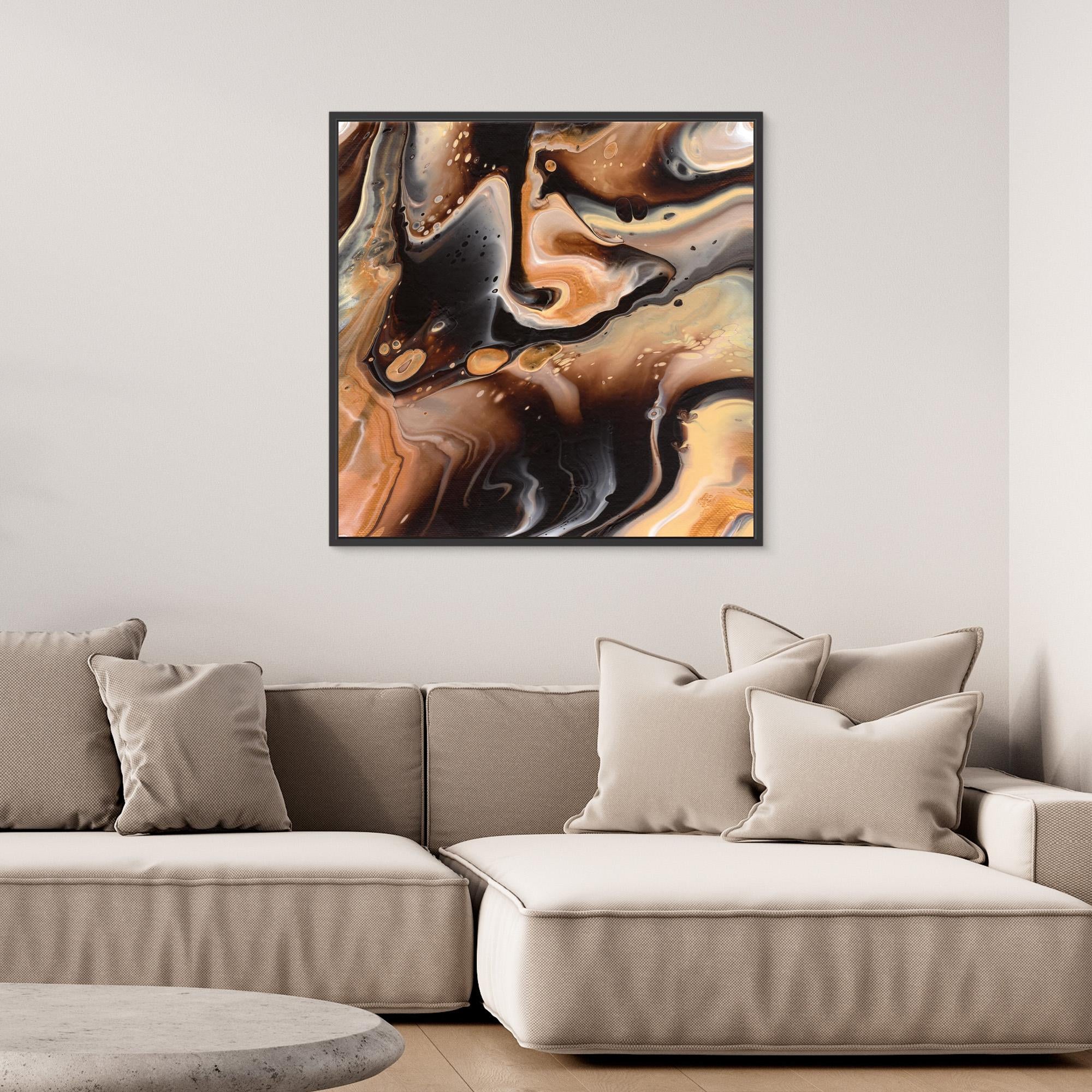NL modern art Canvas Print Comforting Chocolate Caramel 5 in black frame on wall over comfy sofa