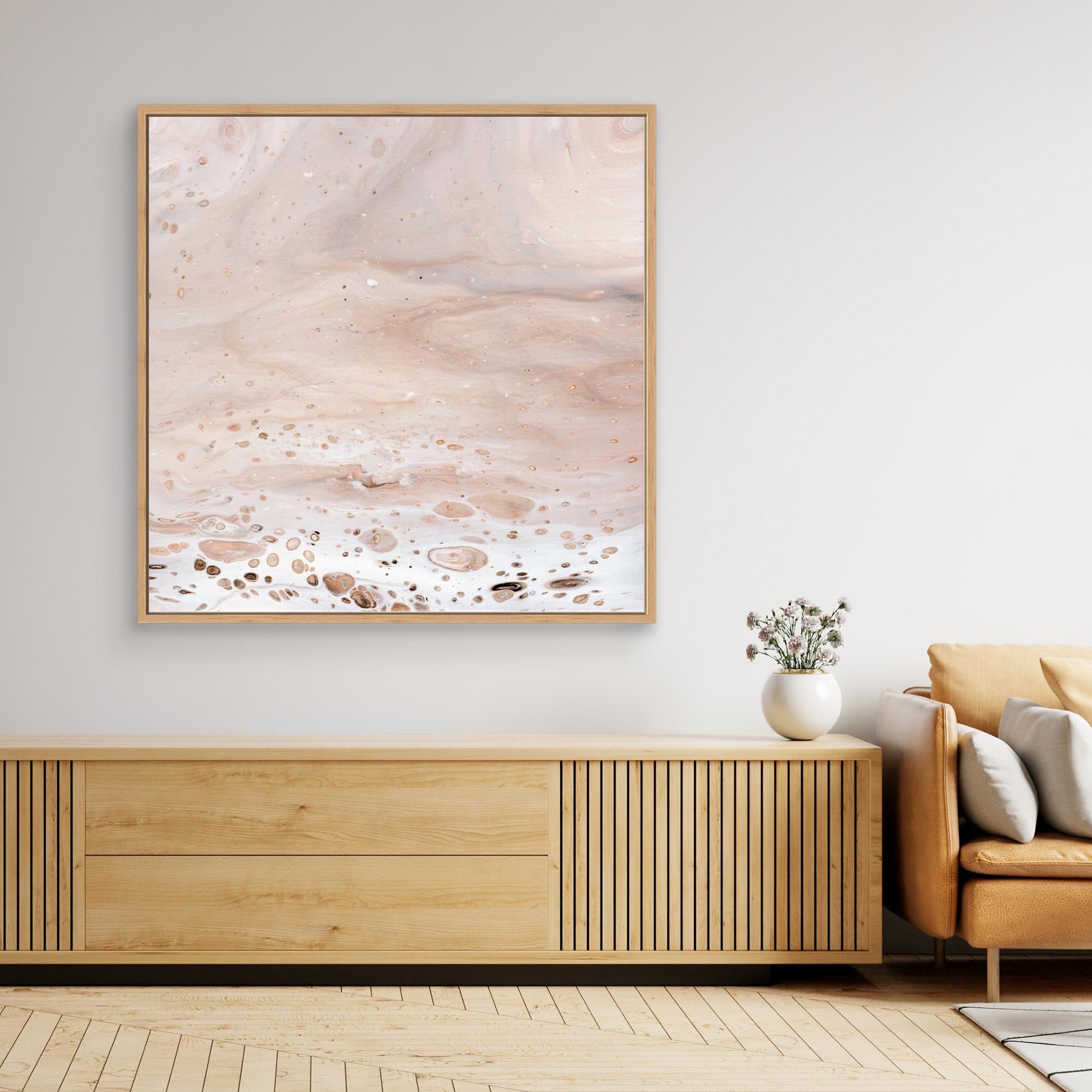 NL modern art Art Prints Soothing Neutrals 2 in oak frame on wall over wooden cabinet and white vase with flowers