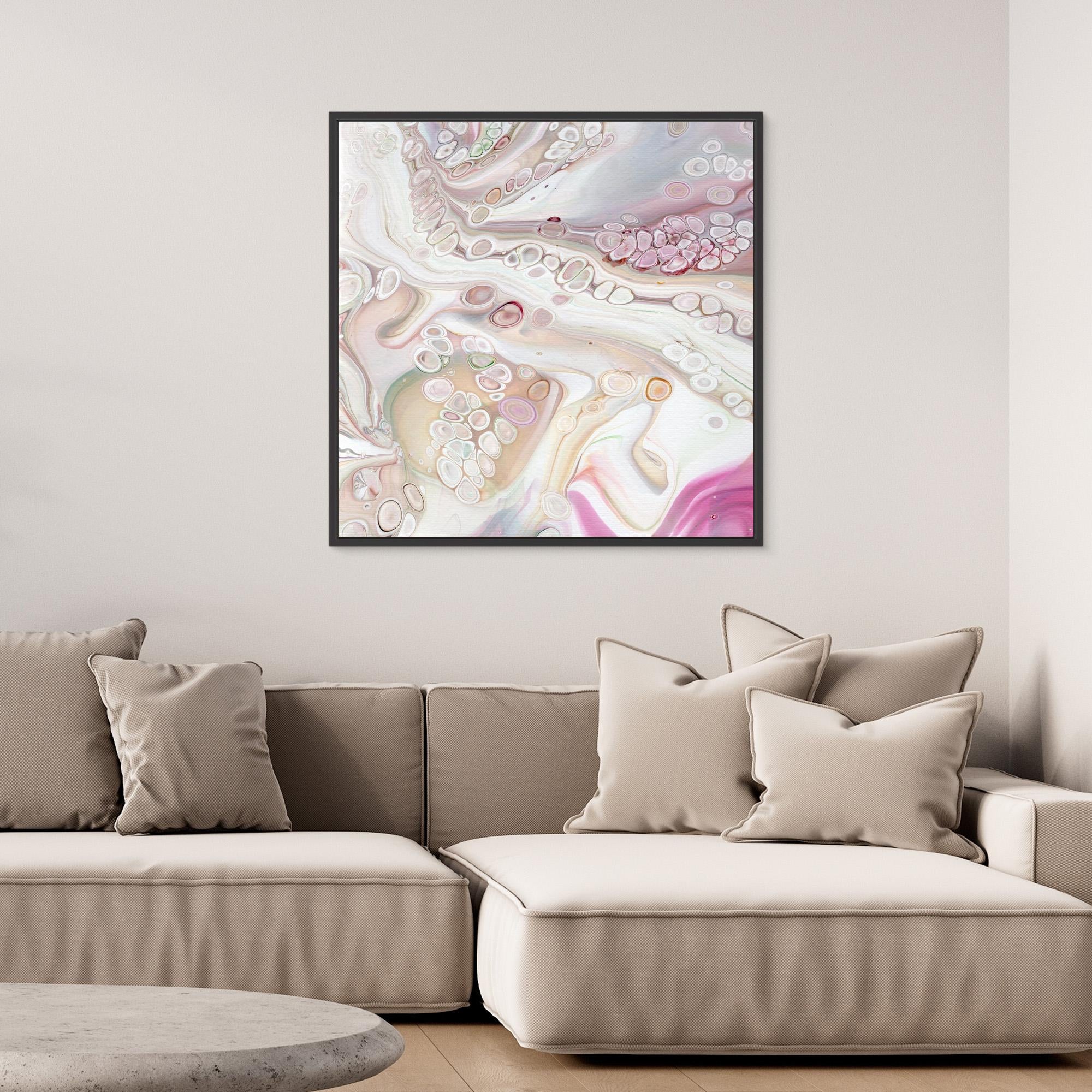 NL Modern Art Canvas Print Soft Tenderness 2 in black frame on wall over comfy sofa